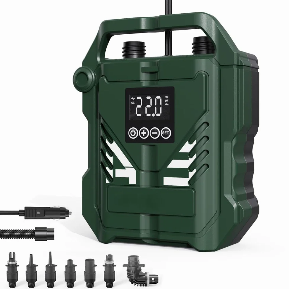 Compresor de aire eléctrico portátil de 12 V, 22 PSI, bomba de alta presión con apagado automático, 3 modos de trabajo, 7 boquillas para tabla de remo inflable, barco, kayak, tienda de campaña y