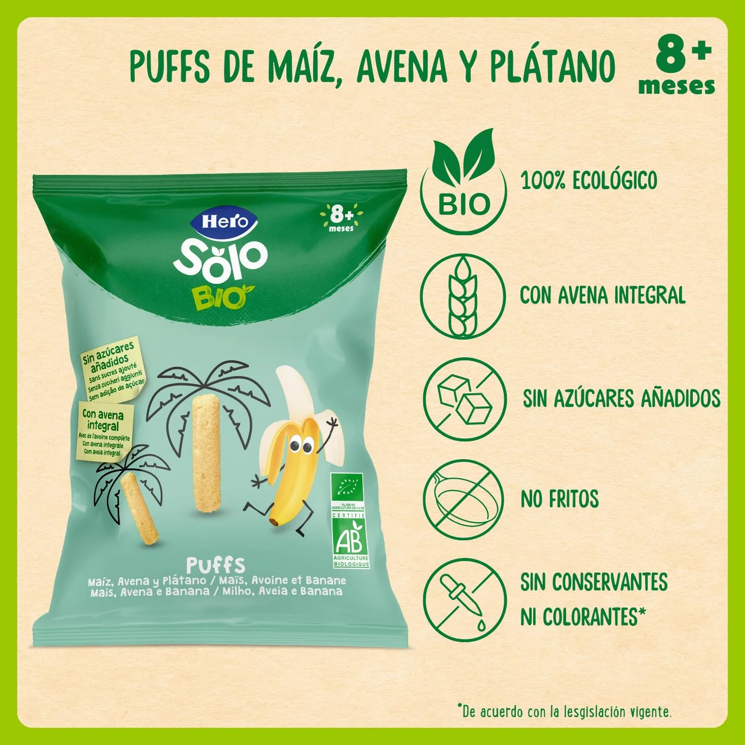 Hero Solo Bio Snack Infantil Ecológico Puffs de Maíz Avena y Plátano 25g x 5uds