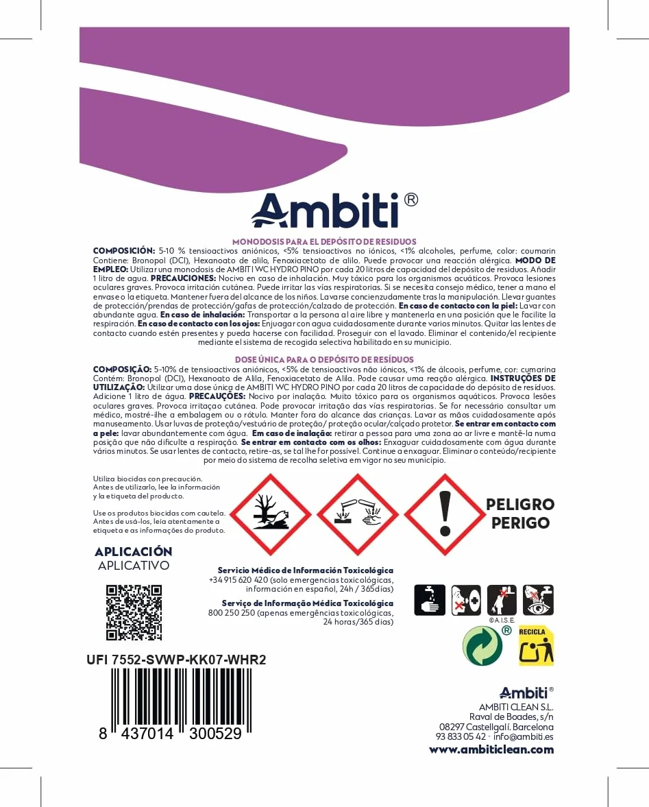 Ambiti | WC Hydro | Monodosis Hidrosolubles para Depósito de Residuos de Autocaravanas,Caravanas y Campers| Antibacteriano| Elimina Deshechos Orgánicos y Papel Higiénico| Fragancia Pino| 15ud
