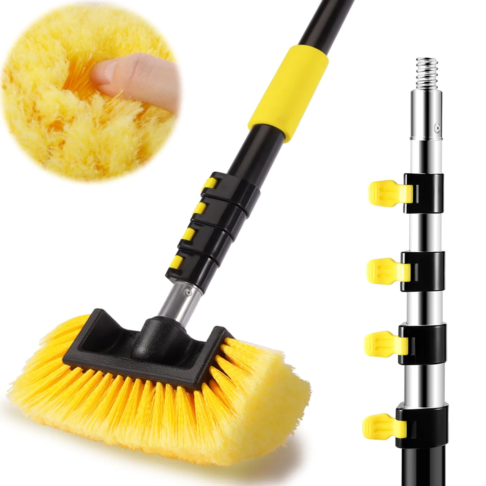 Cepillo de lavado de coche de 12 pies, cepillo de lavado de coche resistente con mango largo, poste de extensión multiusos de 3 a 12 pies con cepillo de cerdas ultra suaves de 10 pulgadas para