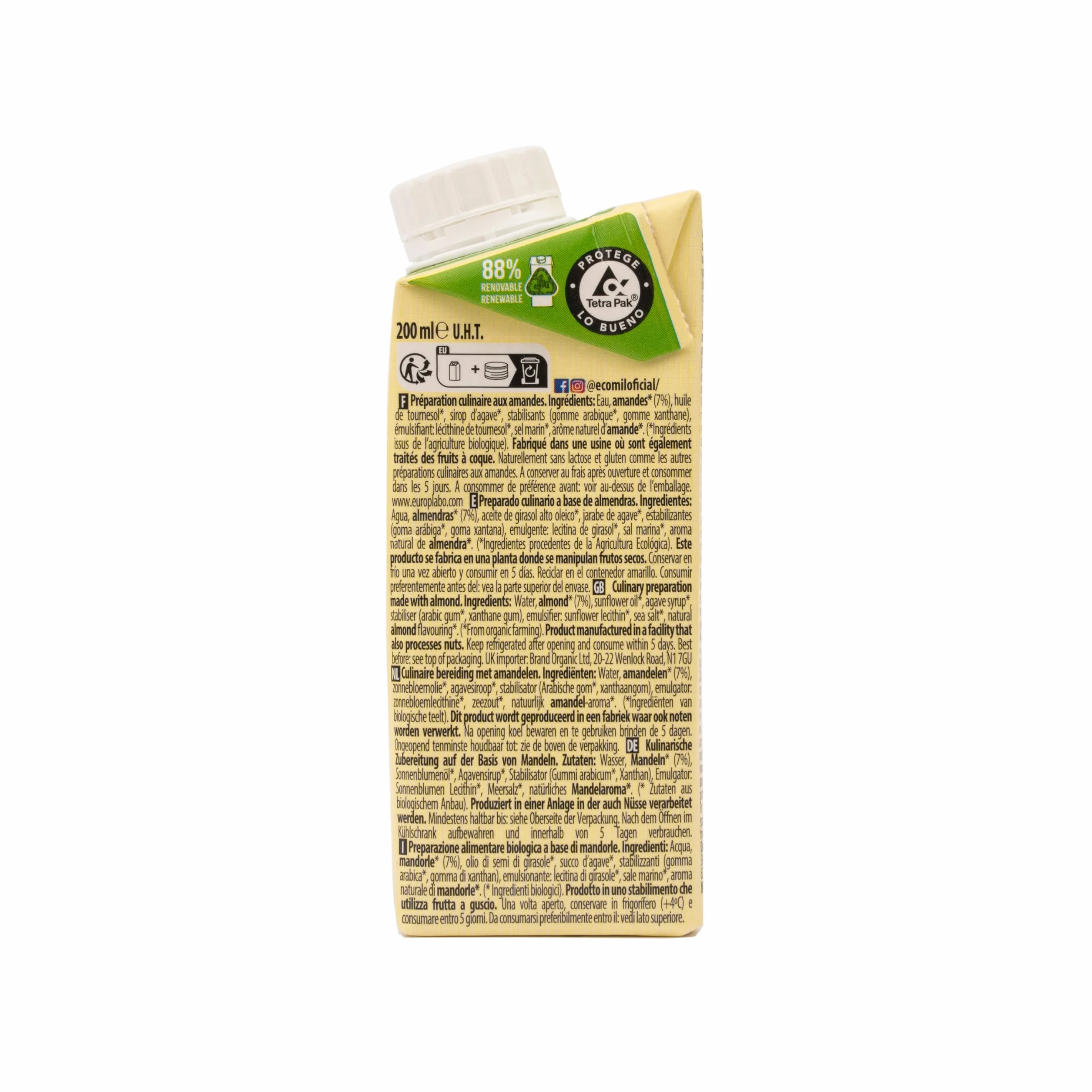 Ecomil Nata de Almendras para Cocinar Bio, Crema Vegana de Almendra Ecológica 200 ml