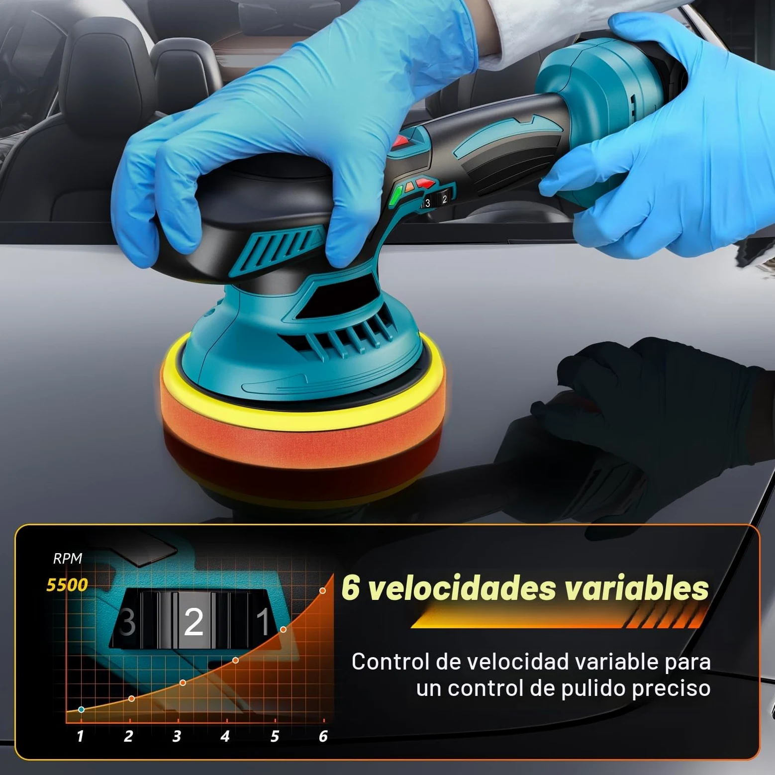 Pulidora Coche Inalámbrica 150 mm Orbital Doble Acción con 2×21V 2000mAh Baterías, Kit 13 Piezas, 6 Velocidades Ajustables 5500RPM, Pulidora Batería para Encerar, Eliminar Arañazos y Renovar Pintura