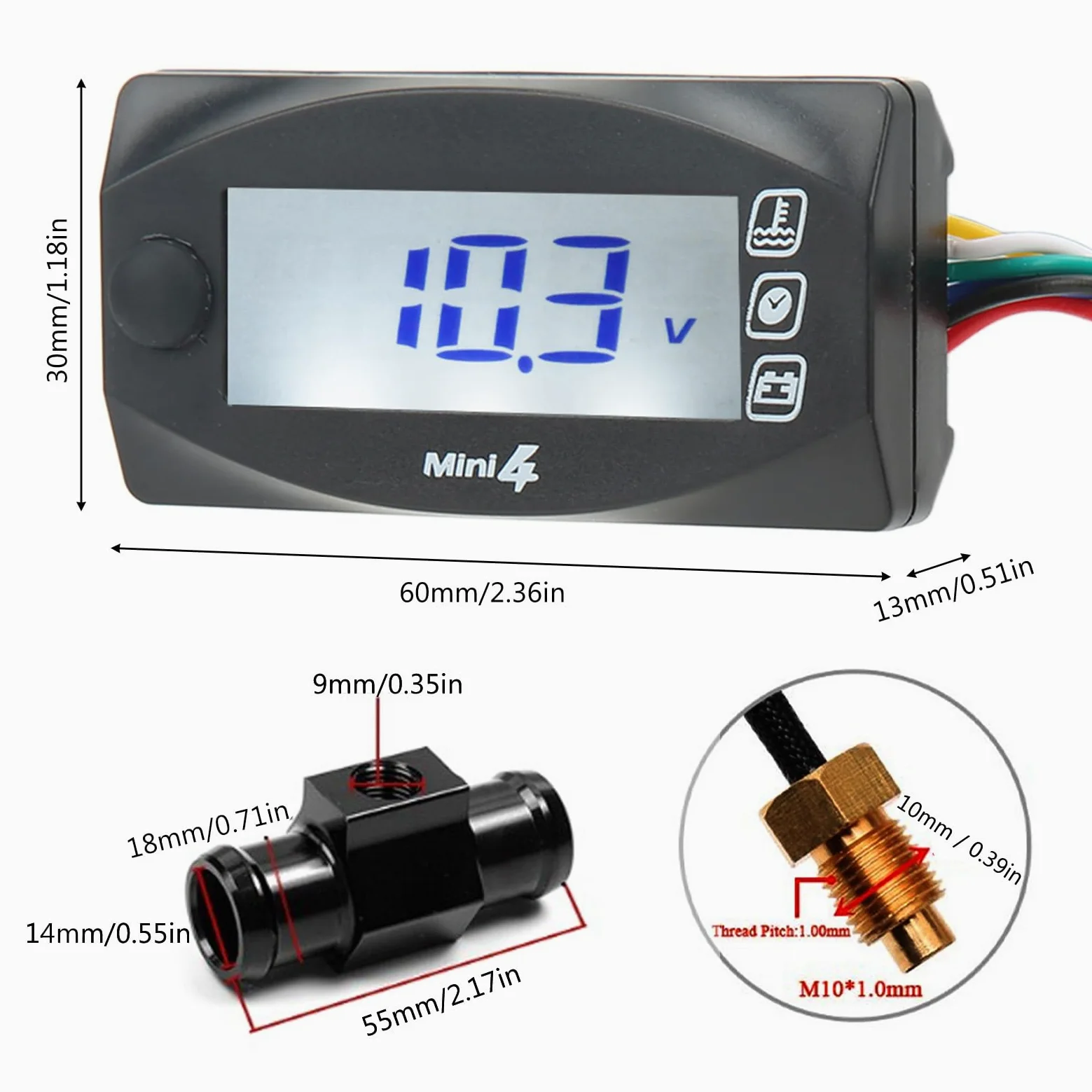 Termómetro Xtevu, medidor de tiempo de voltaje LCD de motocicleta, Medidor de temperatura del motor 4 en 1 pantalla, pantalla de termómetro digital universal DC12V (18MM)