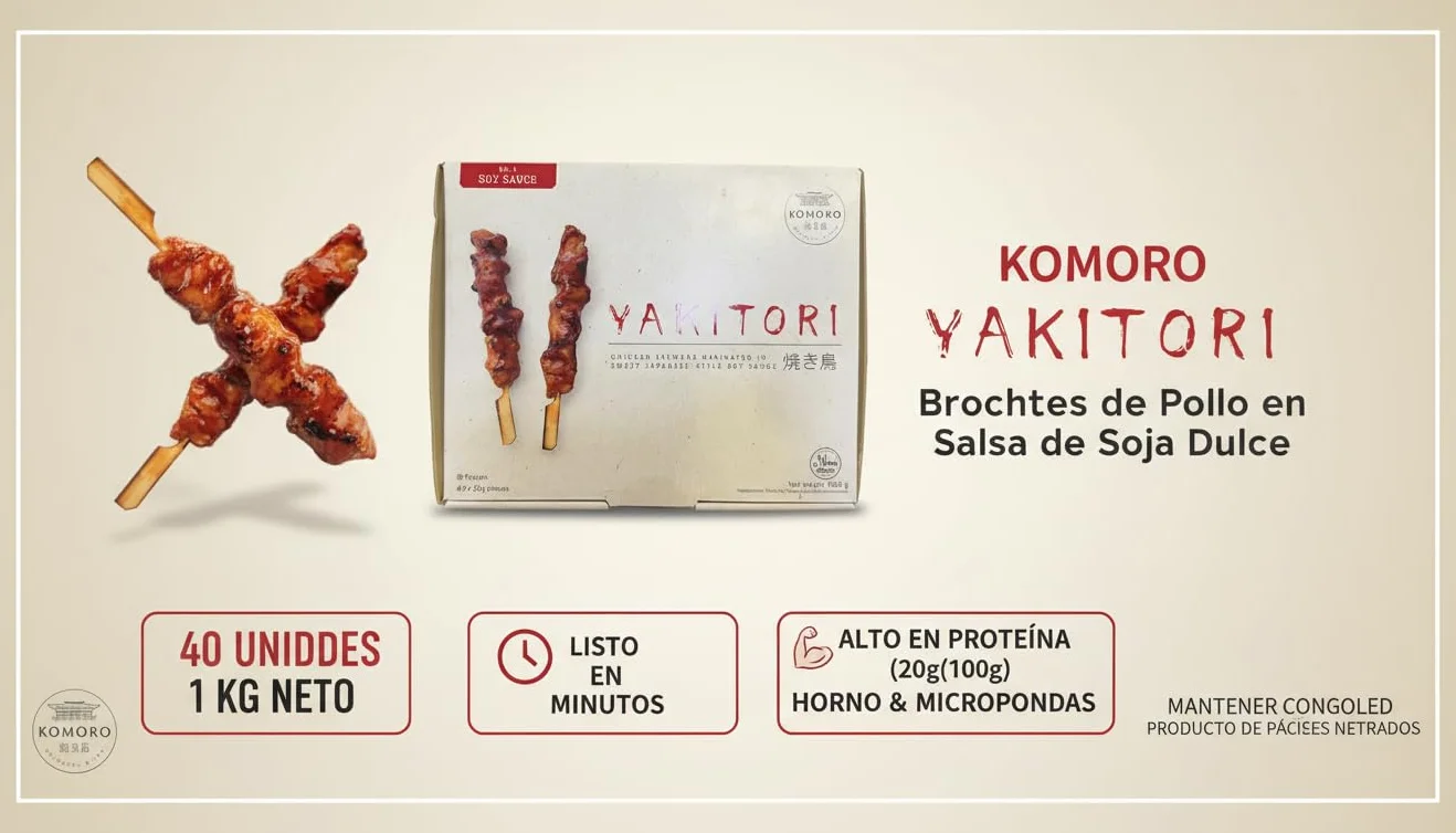 Komoro Oriental Bites Yakitori de Pollo Marinado en Salsa de Soja Dulce Estilo Japonés, 40 Brochetas 25g (1kg), Envío Refrigerado, Halal