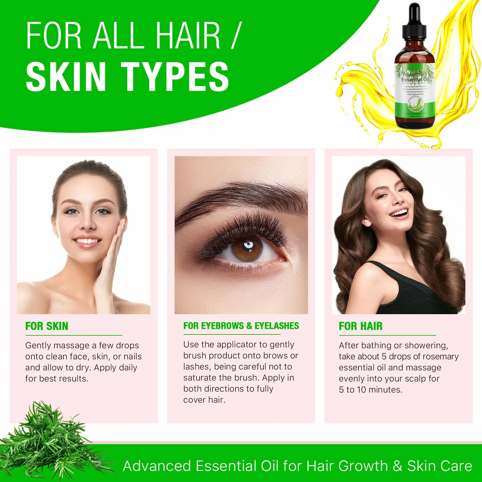 Aceite de Romero 100% puro para Crecimiento del Cabello 60ml con Masajeador de Cuero Cabelludo