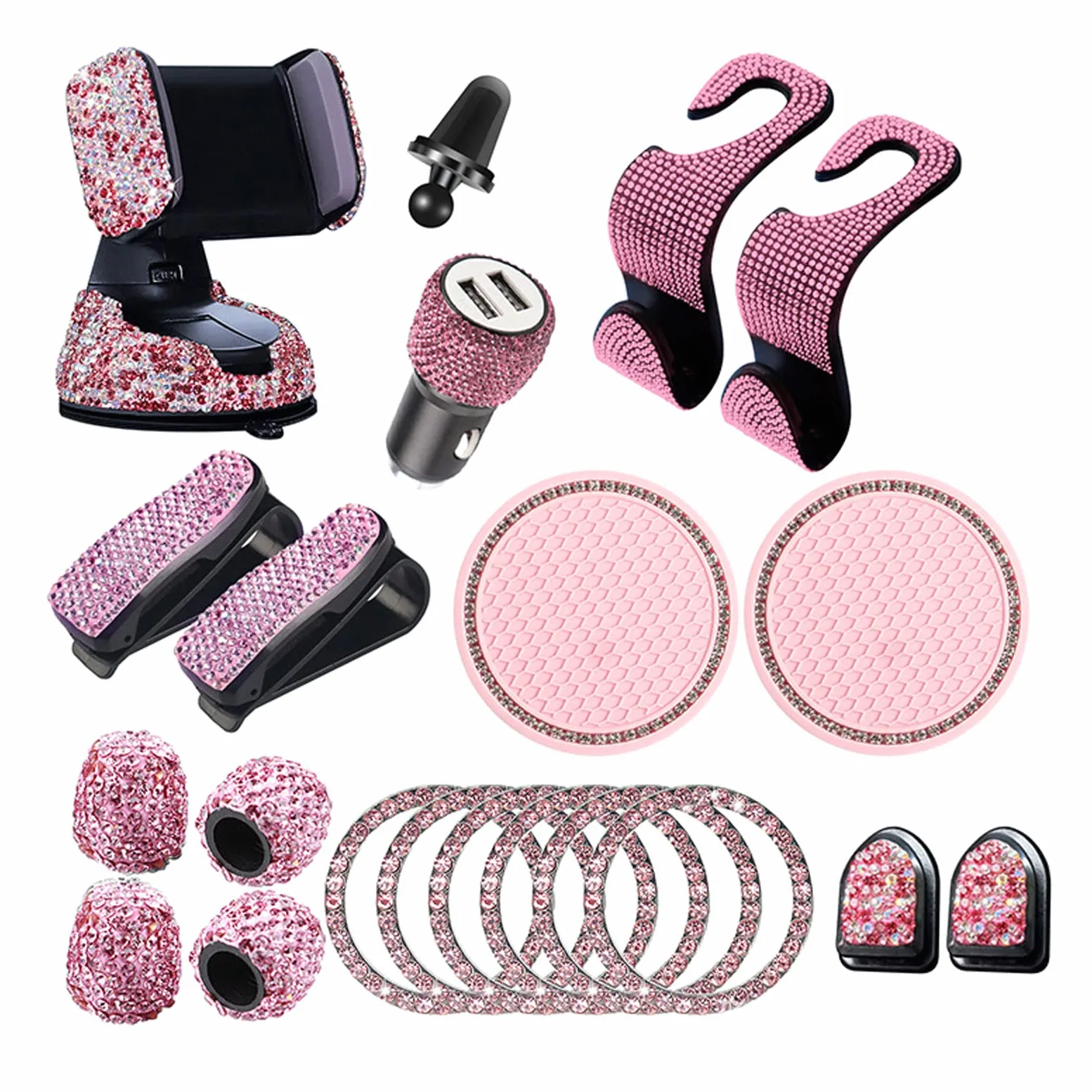 20 piezas Bling Auto Accesorios Interior Mujeres Brillantes Accesorios Bling Car Accessories Soporte para gafas para mujeres, soporte para teléfono móvil, anillo de encendido
