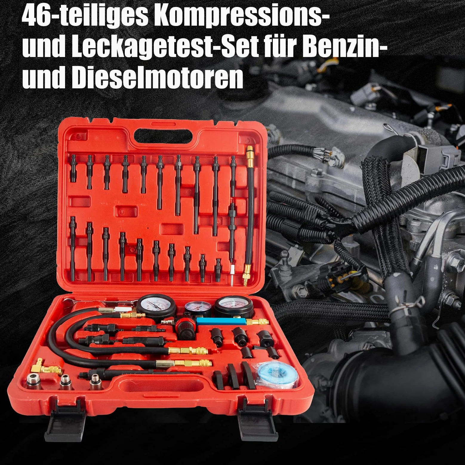 46 piezas profesional Compresión Comprobador de Compresión Compresión Comprobador de Compresión Motor Gasolina Diesel Comprobador de Compresión Cilindro con Dual Gauge Engine para coches, coches