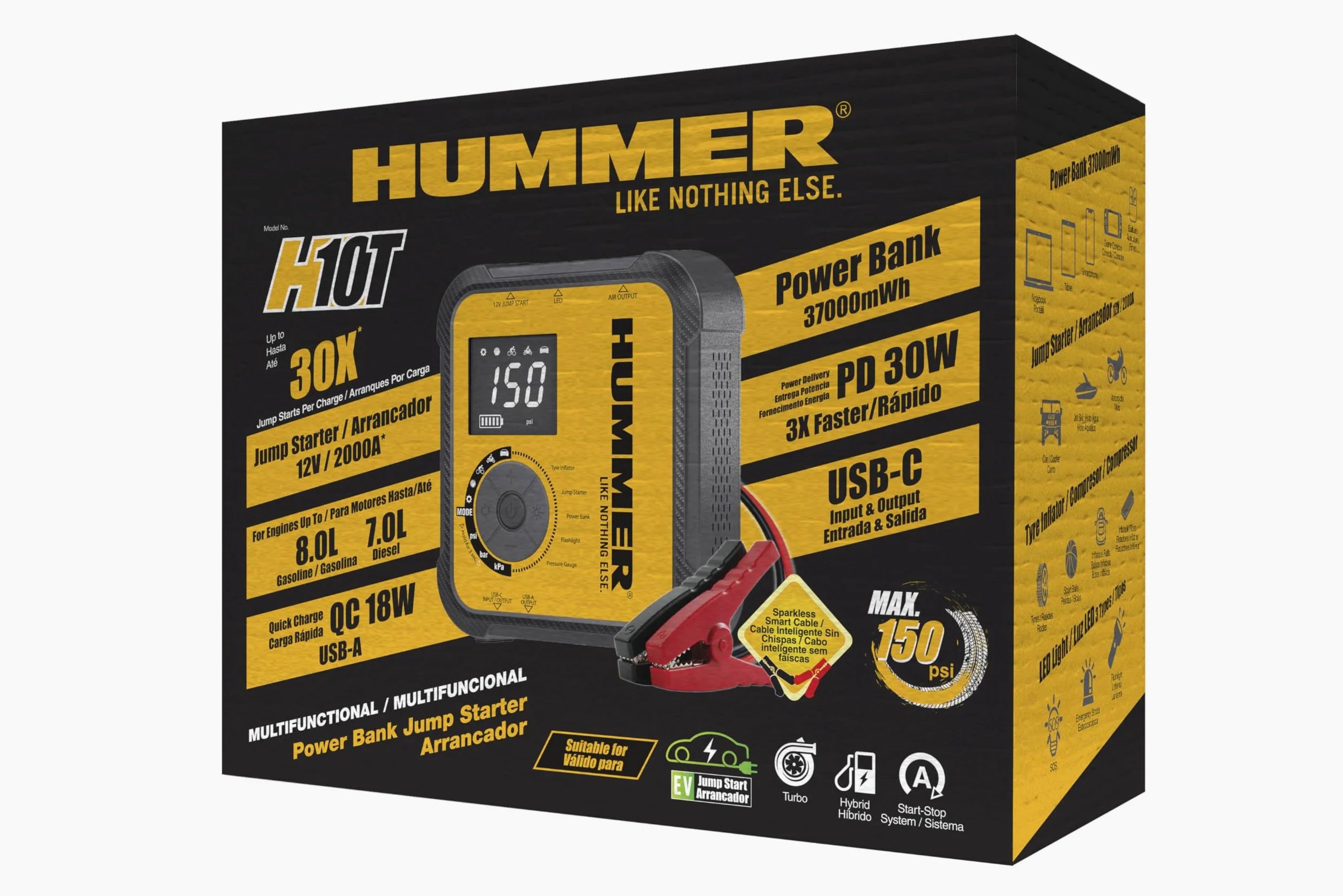 Hummer H10T Arrancador Multifuncional 10000mAh con Compresor 150 PSI, Jump Starter 2000A para Motores Gasolina 8.0L y Diésel 7.0L, Inflador Inalámbrico, Power Bank USB-C PD 30W y USB-A QC 18W