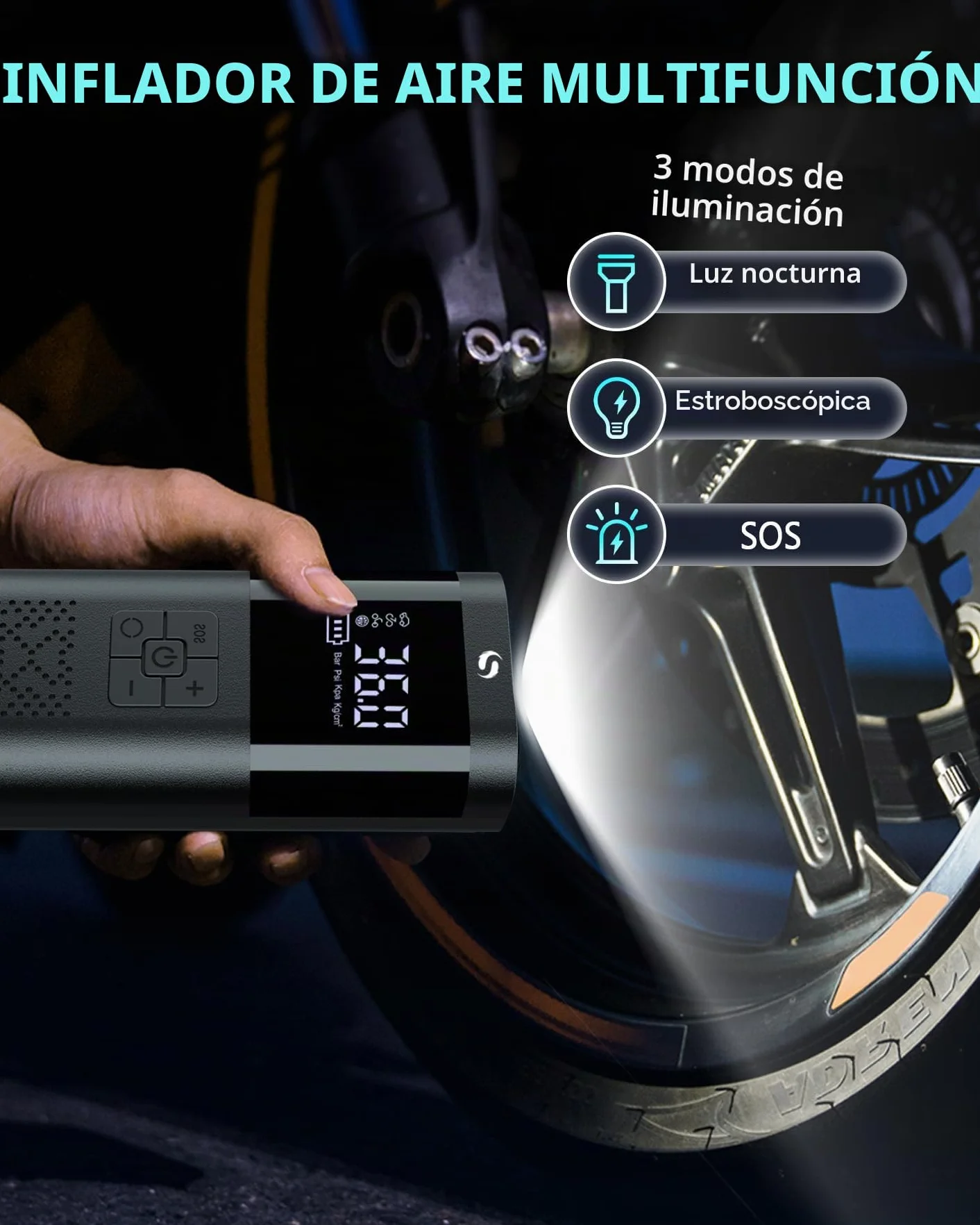 Compresor Aire Portatil, Inflador Ruedas Coche, Mini Compresor Aire Coche con Manómetro, 150PSI Inflador Electrico, Accesorios Coche, con Luz LED para Coche Moto Bicicleta Bola