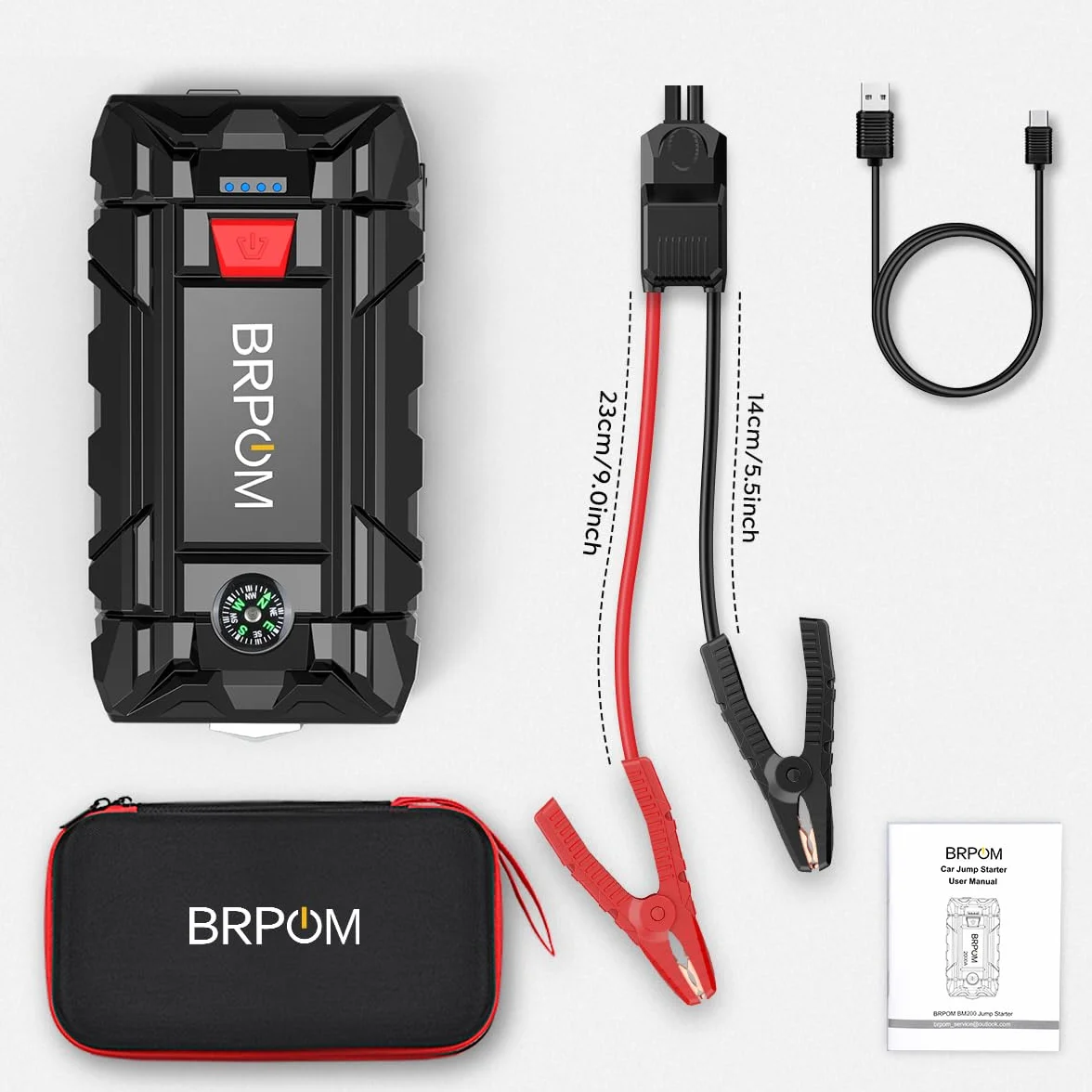 BRPOM Arrancador de Coches, 9000A 21800mAh Arrancador de Baterias de Coche 12V(para 8.0L de Gasolina o 6.5L de Diésel), Jump Starter Portátil, Carga Rápida QC3.0, Espera Larga