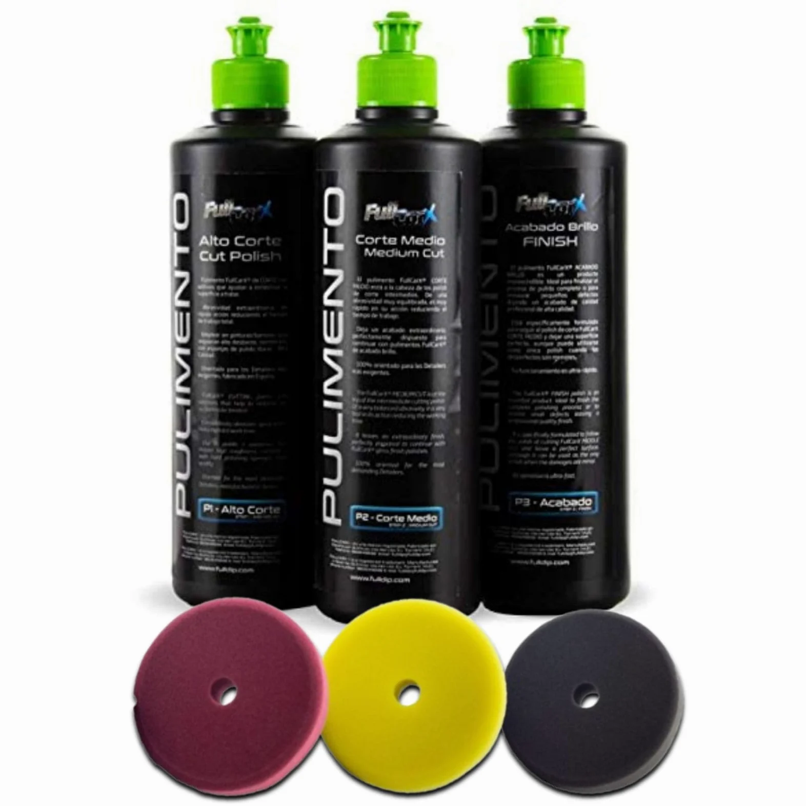 AutoFullCar - Kit Pulido Coche - 3 Pulimentos FullCarX + 3 Boinas De Pulido - Diferentes Acadados - Alto Corte, Corte Medio Y Acabado Brillo - Formato 500 ml. Unidad