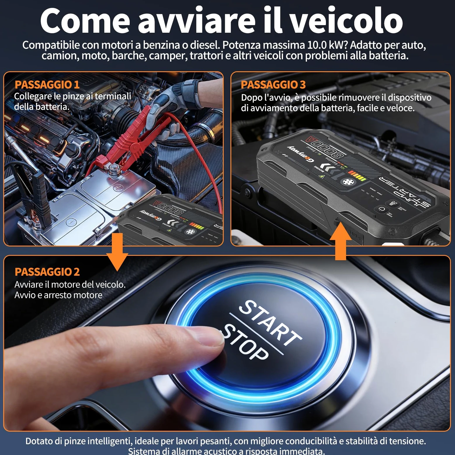 Arrancador de batería de coche 8000 A 26800 mAh, 12 V para coche hasta 10,0 l gasolina/8,0 l diésel, arrancador de batería portátil Jump Start con LED/LCD Booster Arranque