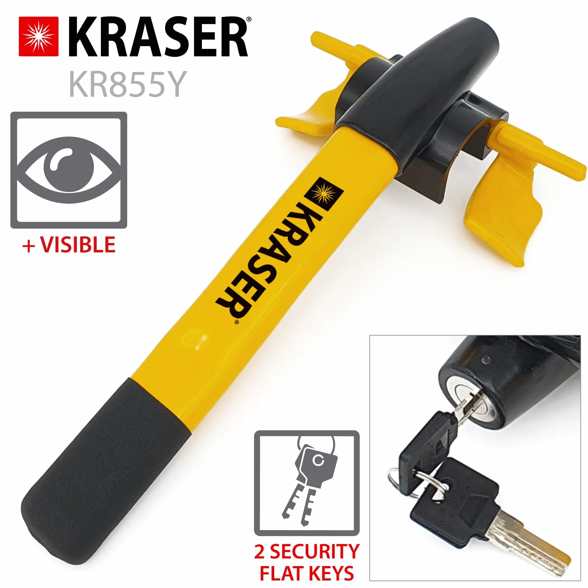 KRASER KR855Y Antirrobo Coche Volante Salpicadero Más Visible, Seguridad Extra Alrededor del Radio, Cierre Más Rápido Sin Llave, Bloqueo Barra Antirobo Universal para Camper, SUV, Autocaravana, Auto