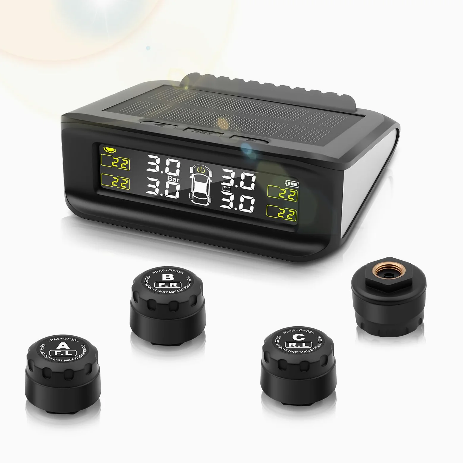 TPMS Sistema de Monitoreo de Presión de Neumáticos, Carga Solar/USB, 5 Funciones de Alarma, 4 Sensores Externos, 0-87 PSI/0-6.0 Bar,Compatible Berlina/SUV/MPV