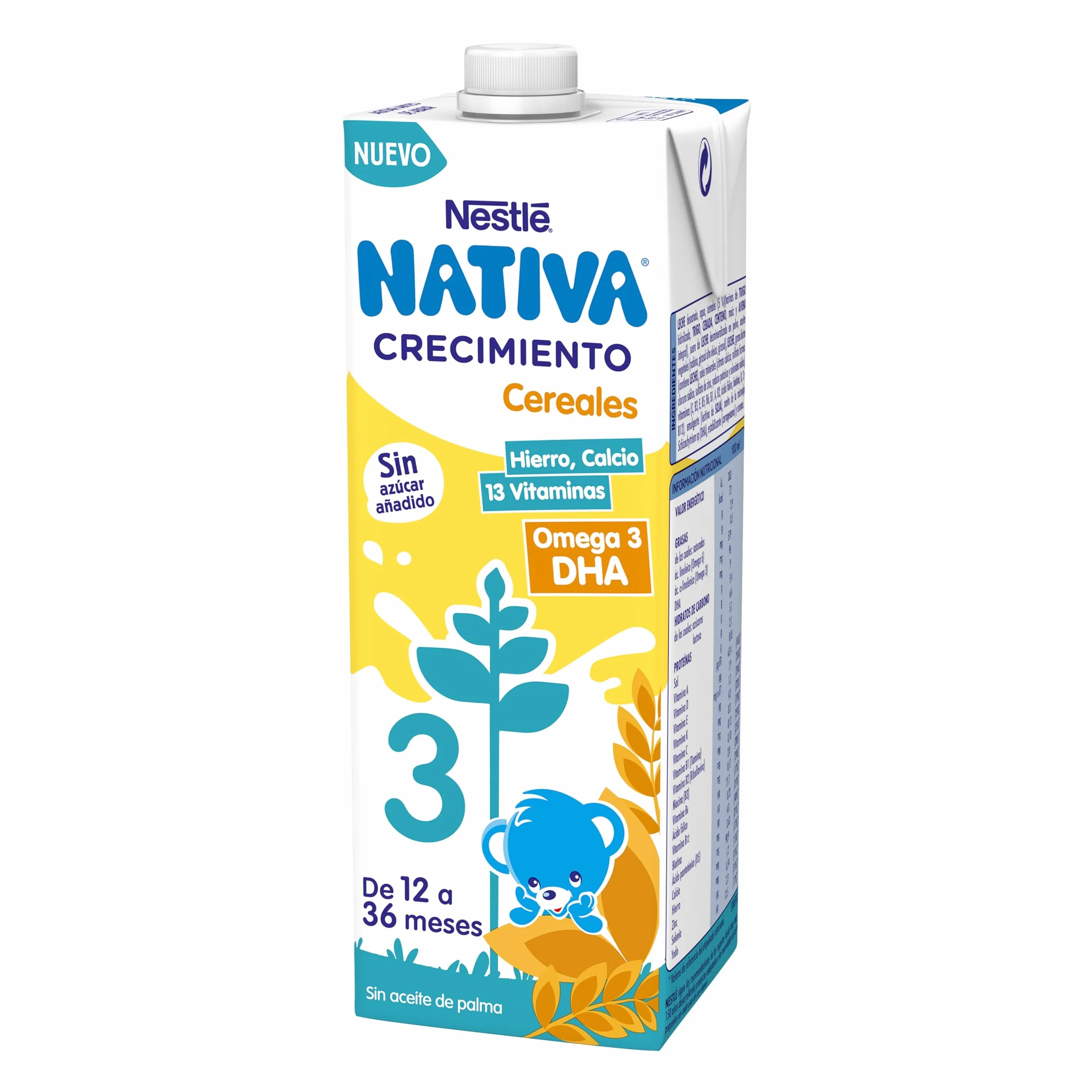 NESTLÉ NATIVA Leche de crecimiento líquida con Cereales sin azúcar añadido 1 año 6 bricks 1L