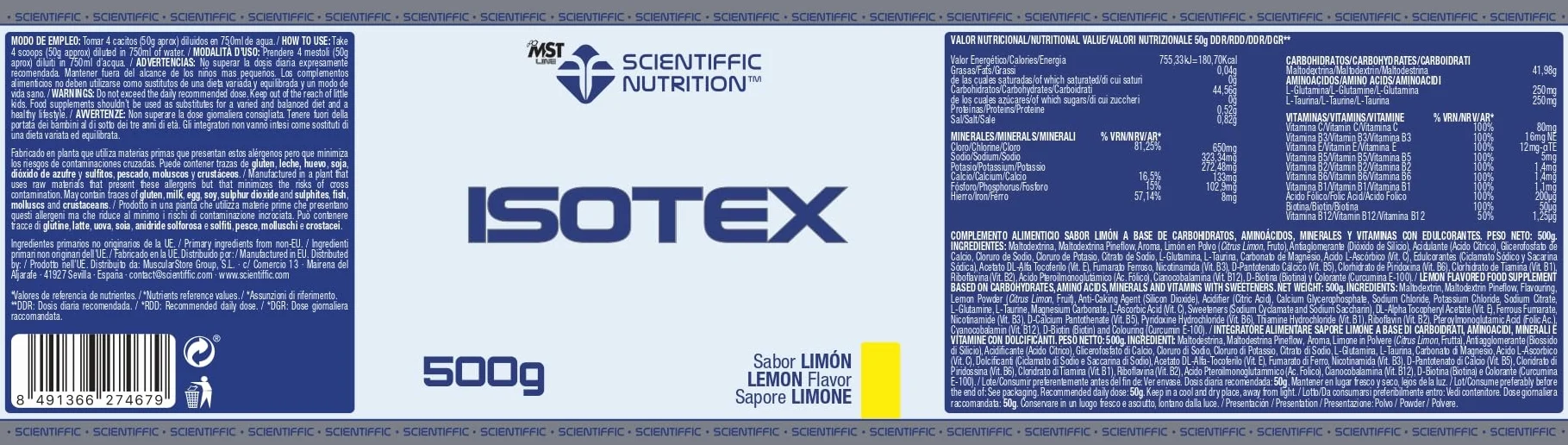 Scientiffic Nutrition Isotex Bebida Isotónica Instántanea en Polvo Sales Minerales Electrolitos Energía Sabor Limón 500 g