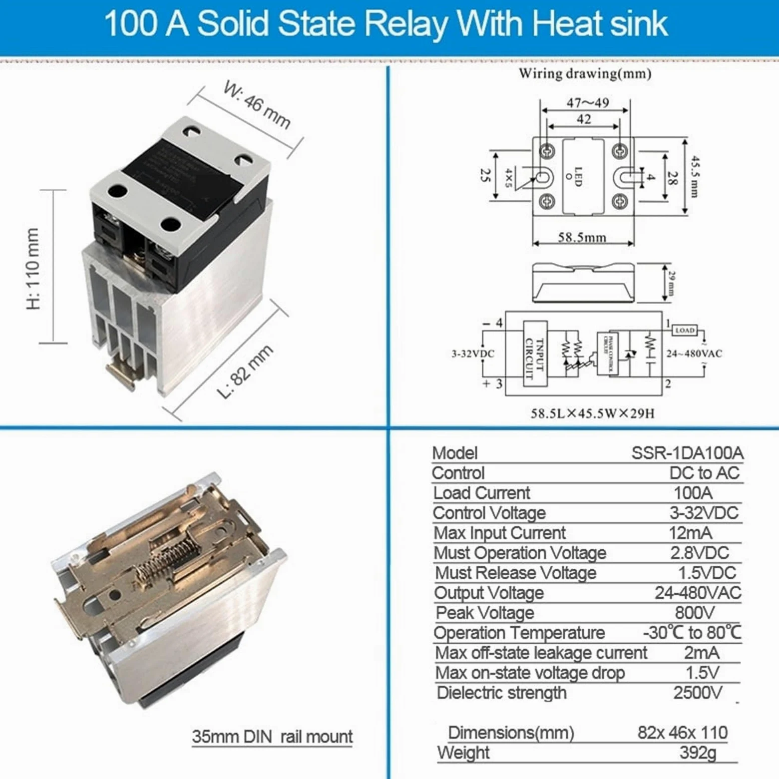 Relé Industrial SSR con disipador de calor, relé de estado sólido montado en Riel DIN, CC a CA, 10A, 25A, 40A, 60A, 80A, 100A, 120A, 1 Uds.(DC-AC 100A)