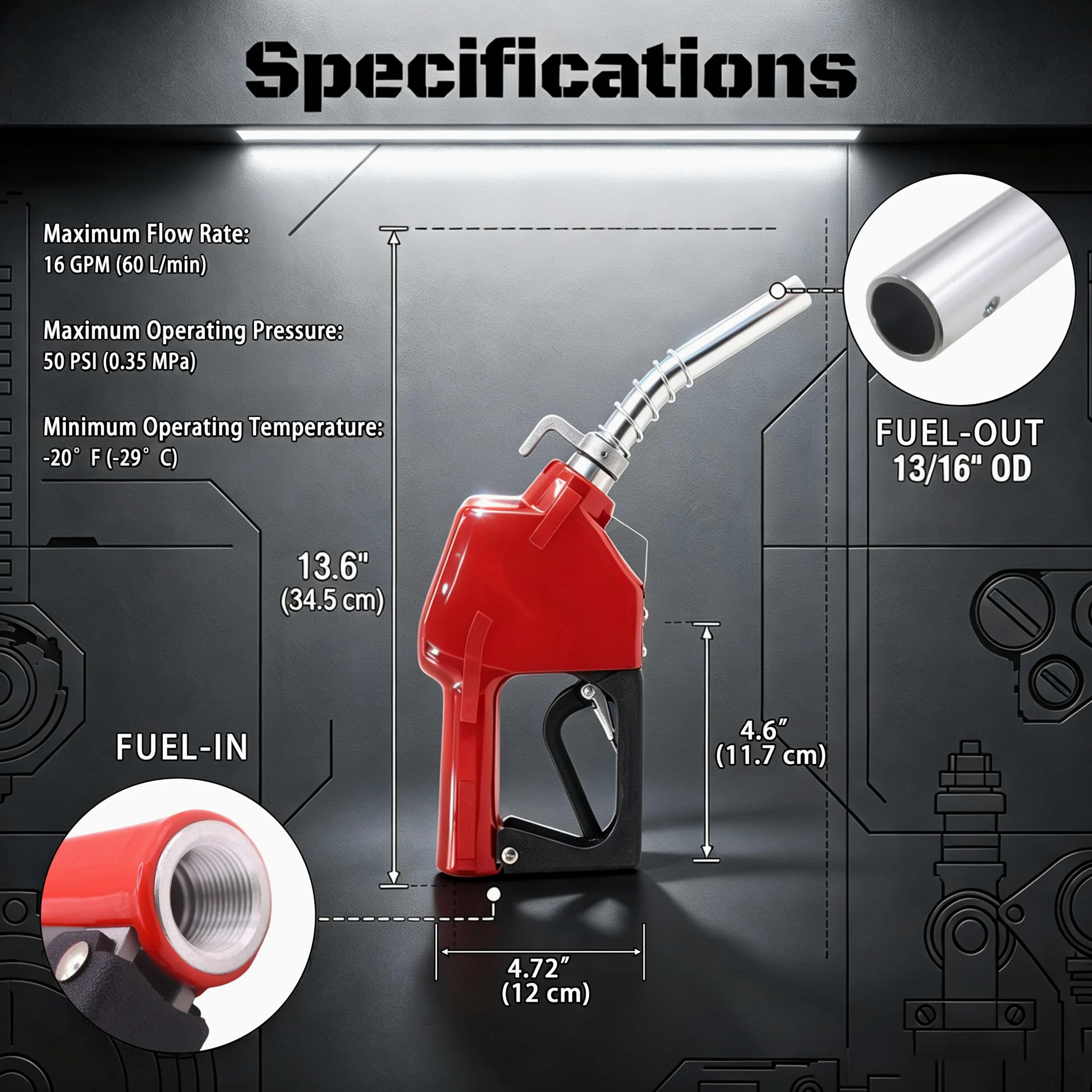 Boquilla de combustible de apagado automático NPT rojo de 3/4 pulgadas, giro de manguera de combustible, flujo alto de 16 GPM, protector de mano BP, gancho para colgar boquilla de 13/16