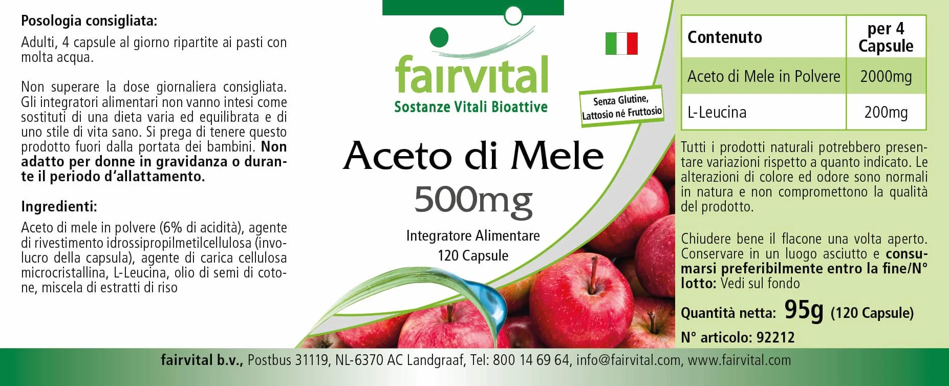 Cápsulas de vinagre de manzana, 120 cápsulas, 500mg, veganas, alta dosis