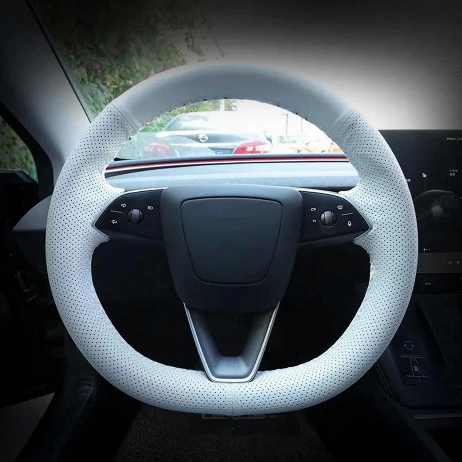 Funda de Volante de Cuero Cosida a Mano para Tesla Model Y Juniper Model 3 Highland Funda de Volante Antideslizante
