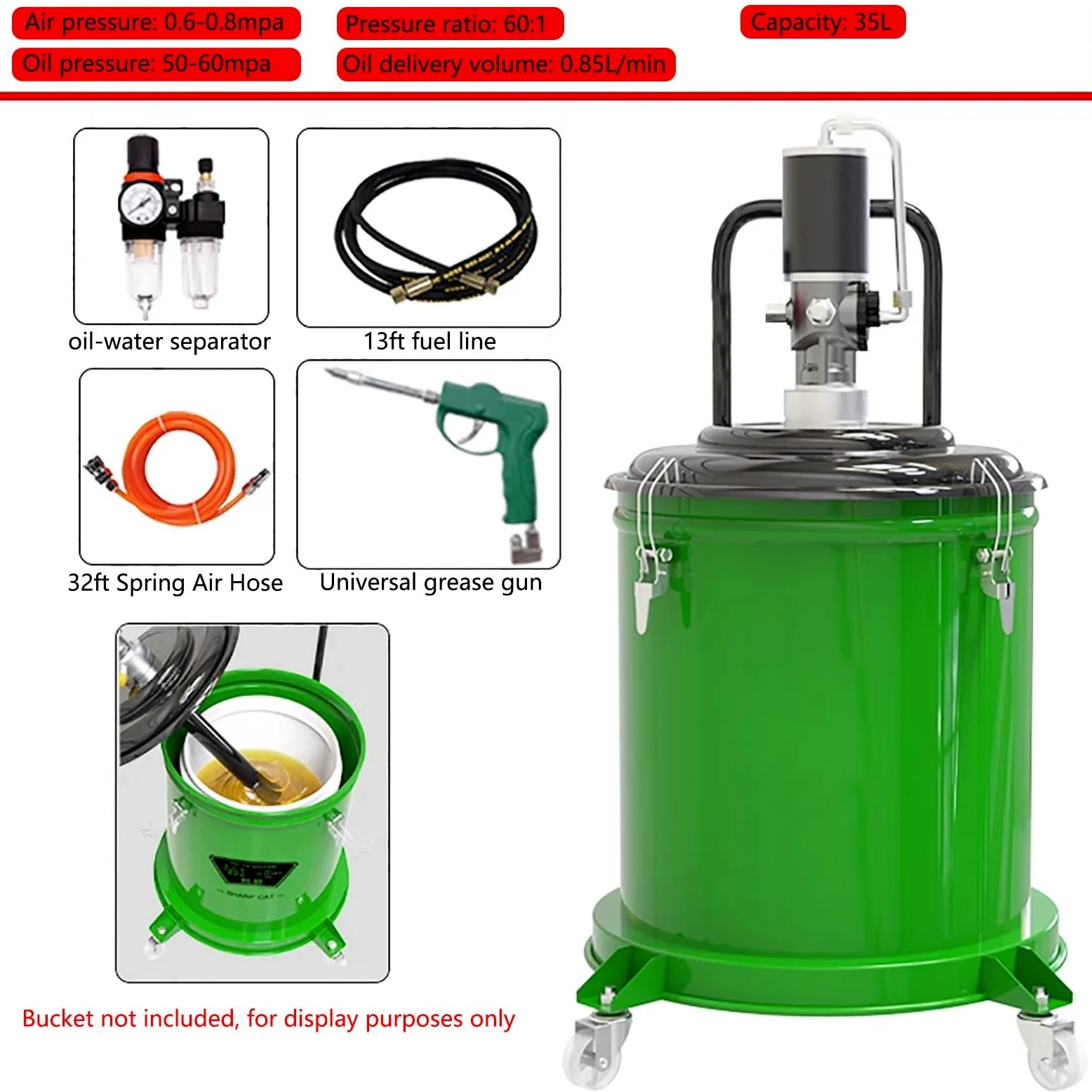 Bomba de grasa con línea de combustible de 13 pies, pistola de grasa universal, capacidad de 35 litros, relación de presión 60:1, tasa de descarga de 0.85 l/min para tambores de 5 galones