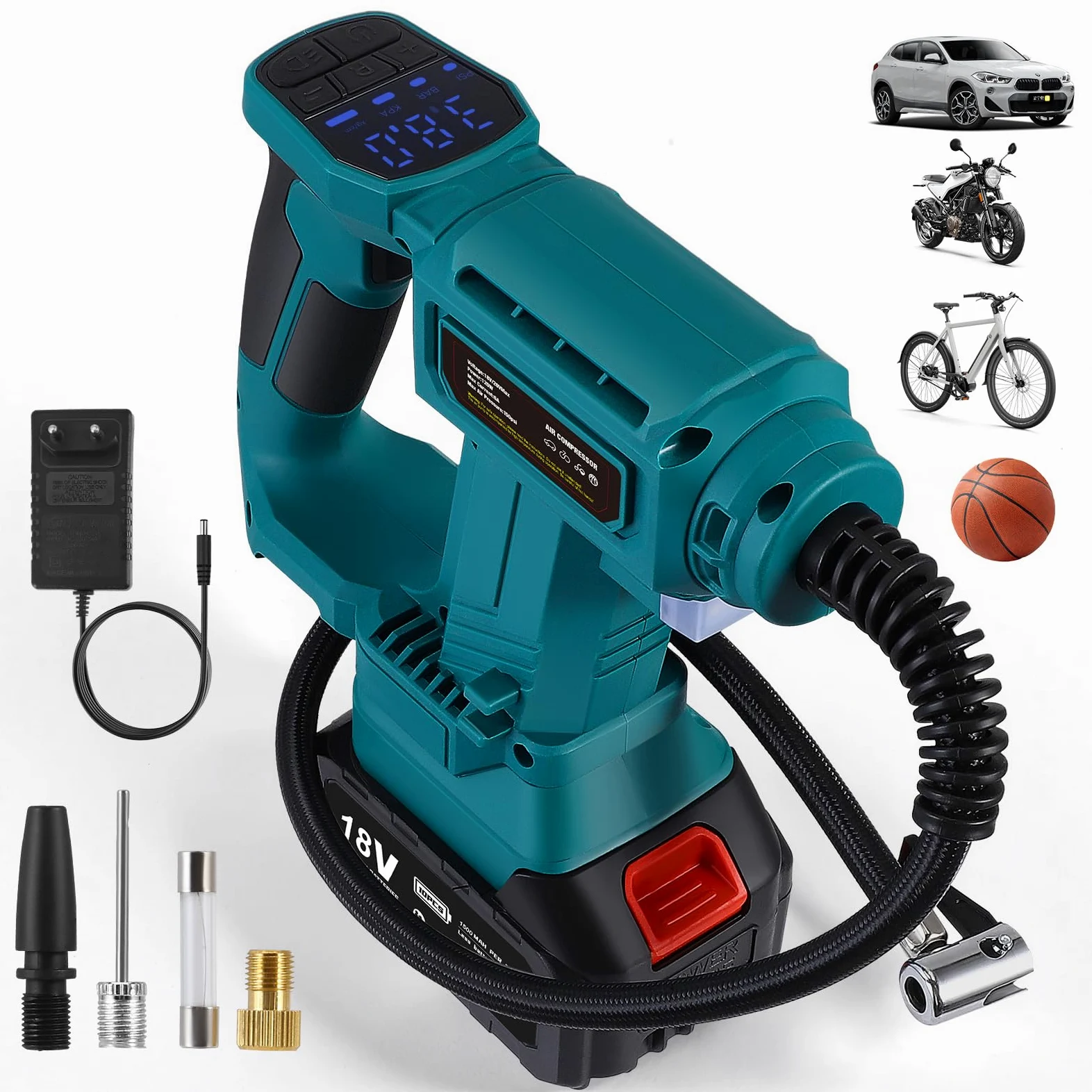 Compresor de aire portátil para baterías 18 V, máx. 11 bar, inflador automático con manómetro digital, bomba de aire para coche, moto, bicicleta, balón deportivo
