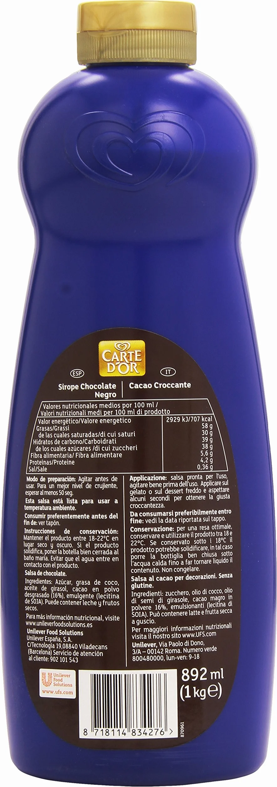 Carte D'Or Crunchy Topping Sirope de chocolate negro crujiente 892 ml