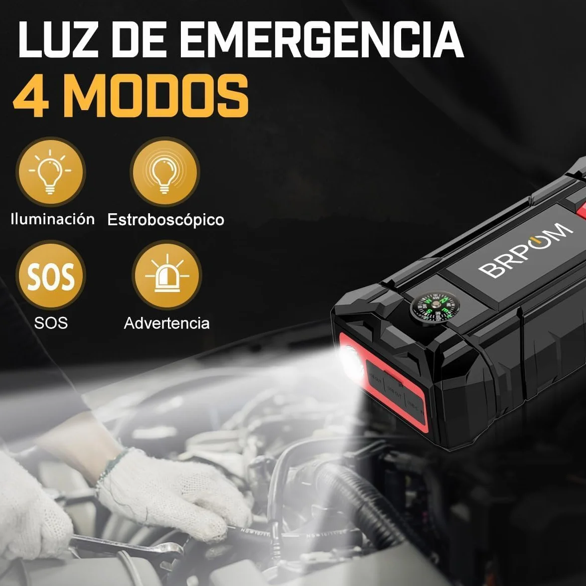 BRPOM Arrancador de Coches, 9000A 21800mAh Arrancador de Baterias de Coche 12V(para 8.0L de Gasolina o 6.5L de Diésel), Jump Starter Portátil, Carga Rápida QC3.0, Espera Larga