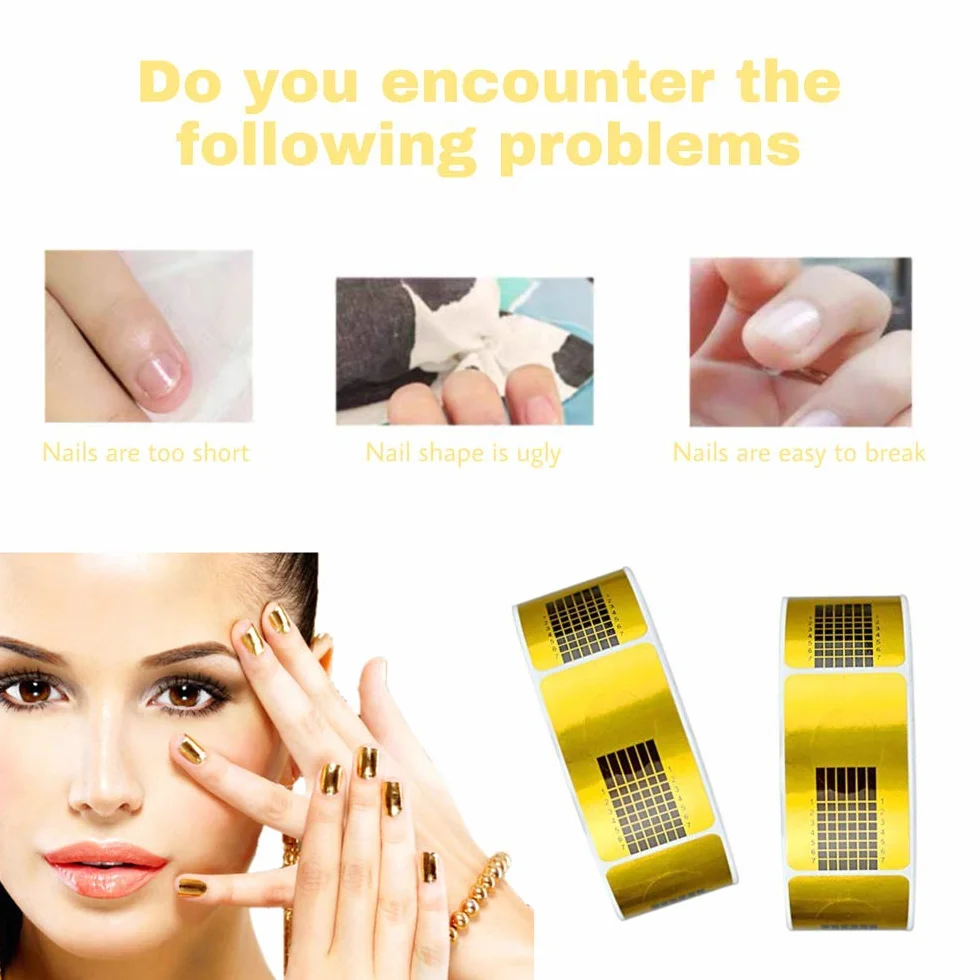 Plantillas de uñas autoadhesivas NC 1 rollo (500 piezas) - Plantillas de modelado para uñas de gel y acrílico - Arte de uñas extensión oro