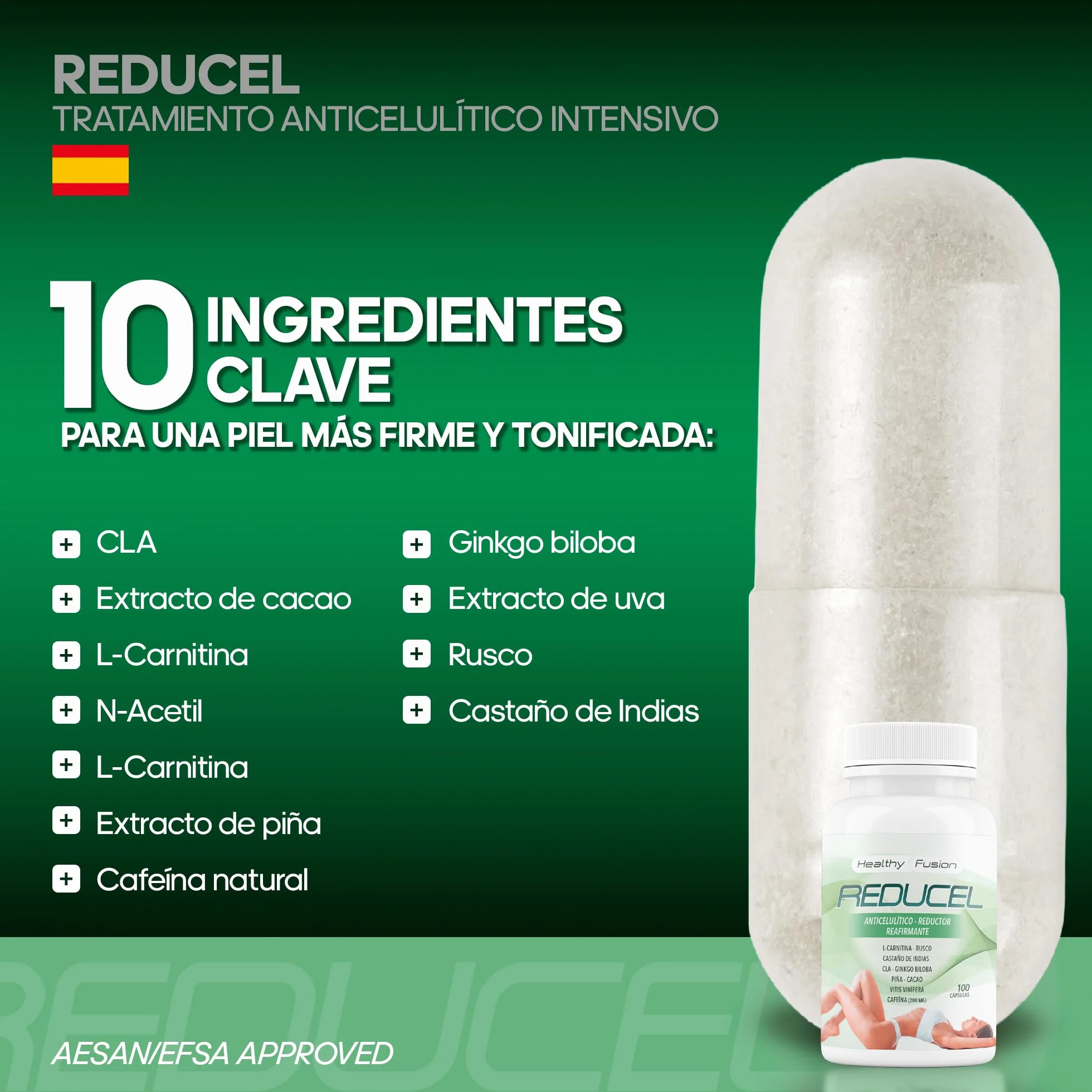 Reducel Potente Reafirmante Anticelulítico 100 Cápsulas L-Carnitina Cafeína CLA