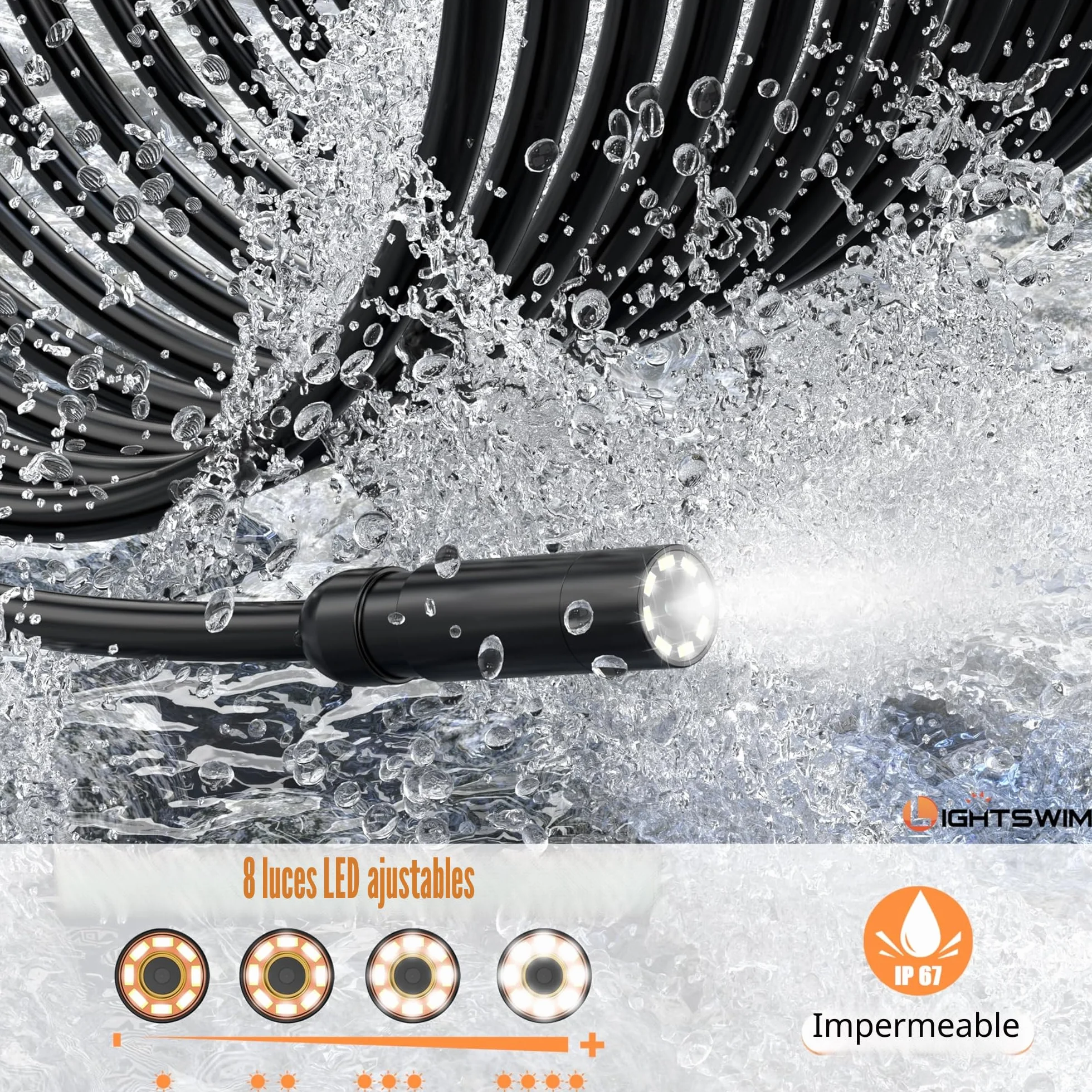 Lightswim - Boroscopio Digital Industrial HD 1080P, cámara de inspección endoscópica IPS de 4.3 Pulgadas con alcantarillado de Serpiente Impermeable IP67 de Mano con 8 Luces LED, Cable semirrígido de