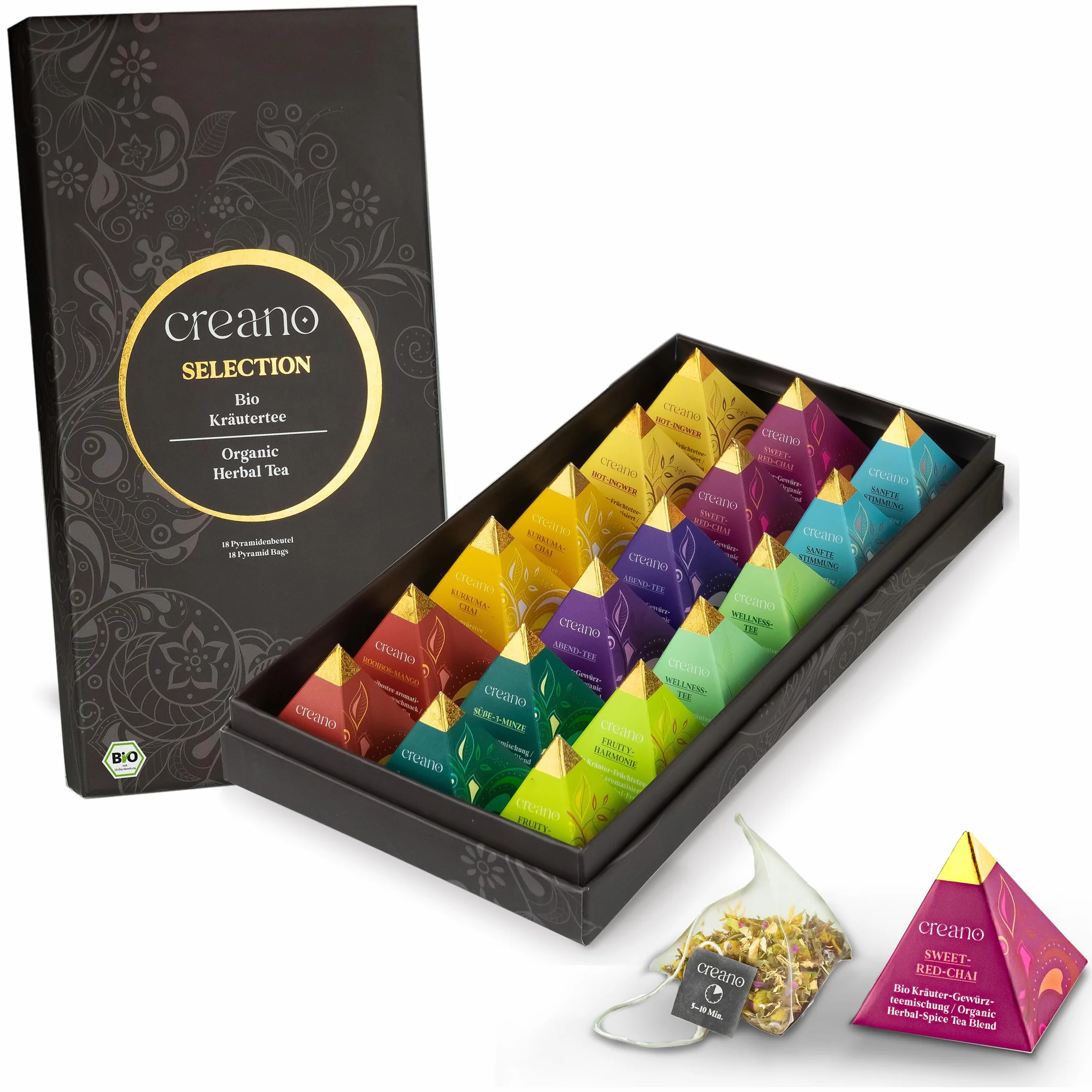 Creano Set de Regalo de Té Bio Infusión de Hierbas 18 Bolsitas Piramidales 9 Variedades Surtidas Sin Cafeína