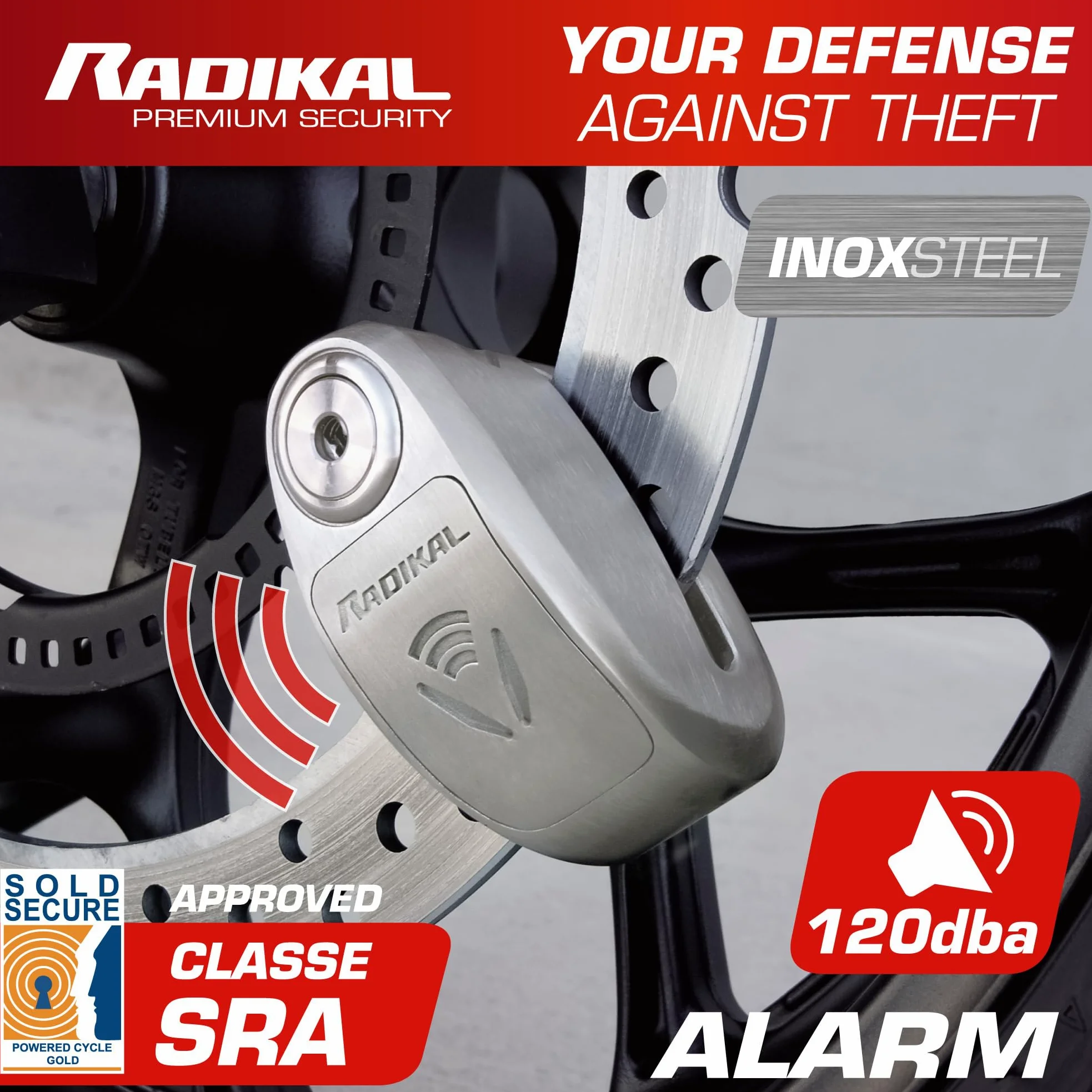 RADIKAL RK910S Candado Moto Disco Alarma X2-ON, Homologado Sra, Cerradura Alta Seguridad Antitaladro y Antiganzúa, Doble Cierre 10mm, Pila Larga Duración, Acero Inoxidable, Pinza Antirrobo Scooter