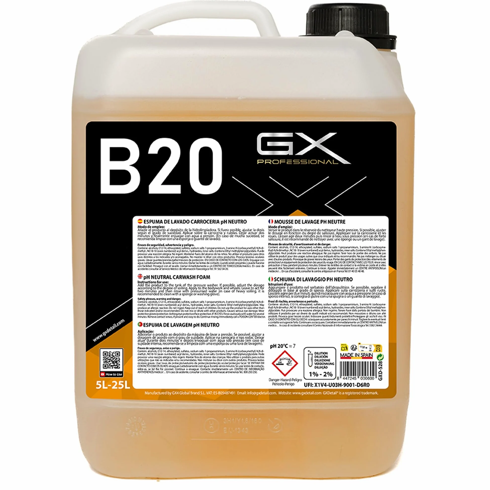 GxDetail Espuma de Lavado pH Neutro Concentrada 5 Litros para Lavado Coche – Limpieza Segura y Eficaz – Elimina Suciedad sin Dañar la Pintura – Fórmula Perfumada - Espumante de Alto Rendimiento