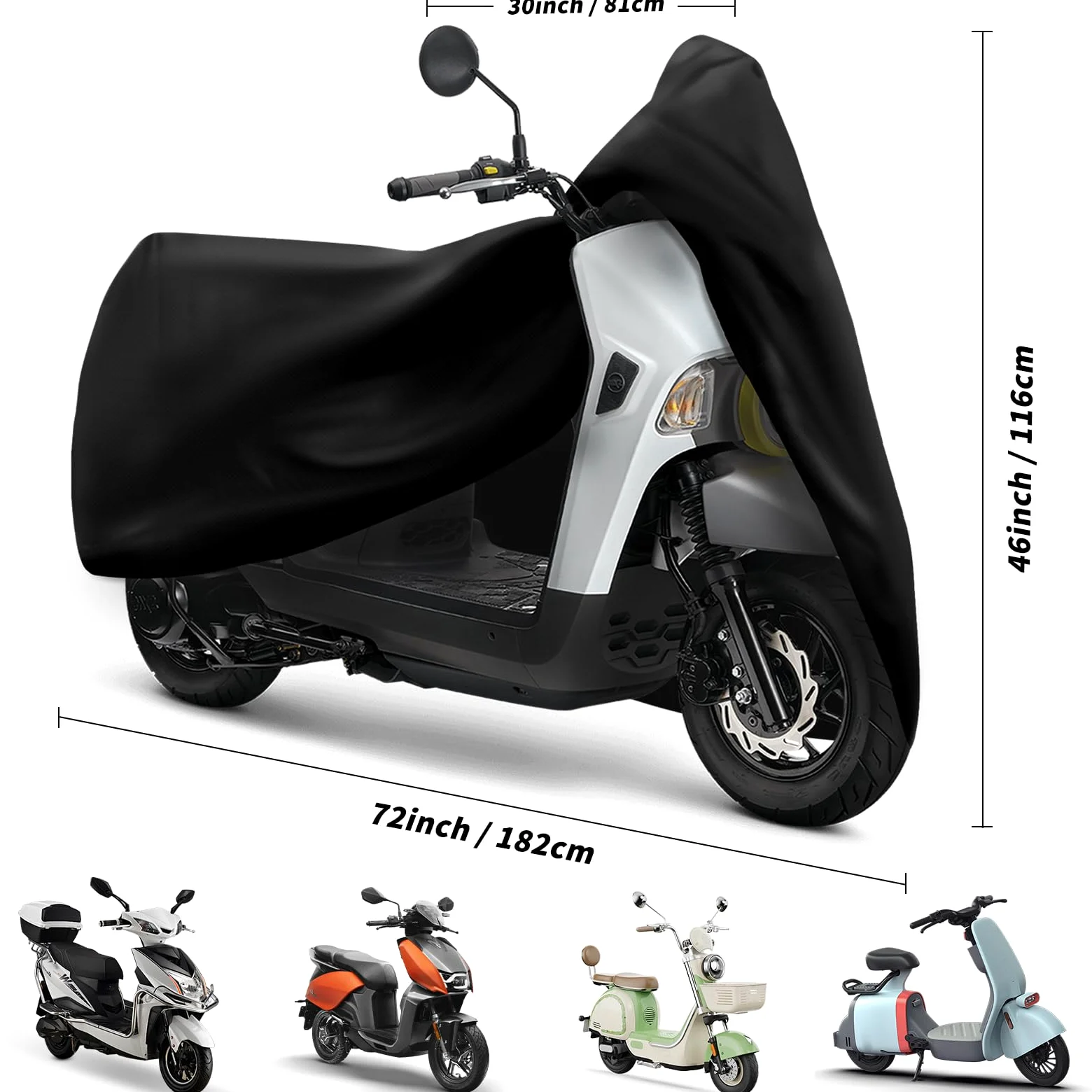 XYZCTEM Funda Impermeable para Scooter, Cubierta para ciclomotor, protección Exterior contra el Agua, los Rayos UV, el Viento. Negro, 72 Pulgadas L