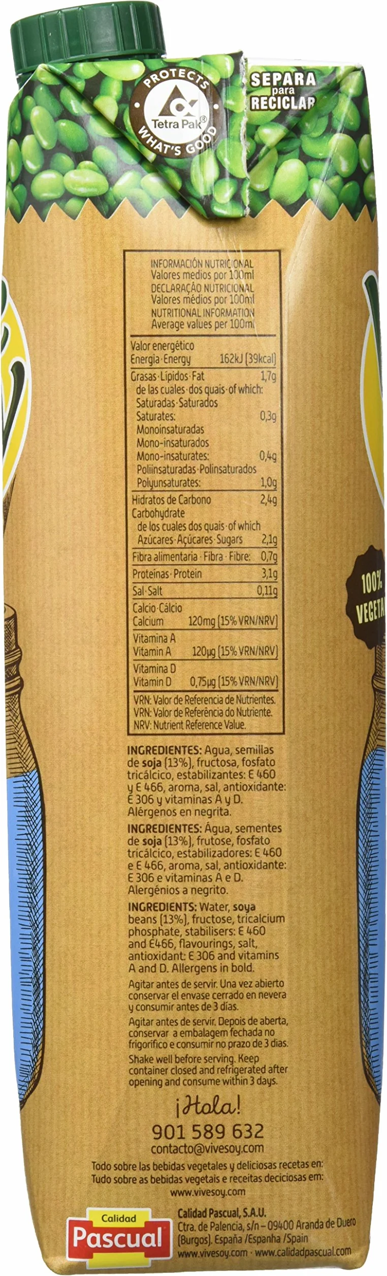 Vivesoy Bebida de Soja Natural Pack de 6 x 1 L