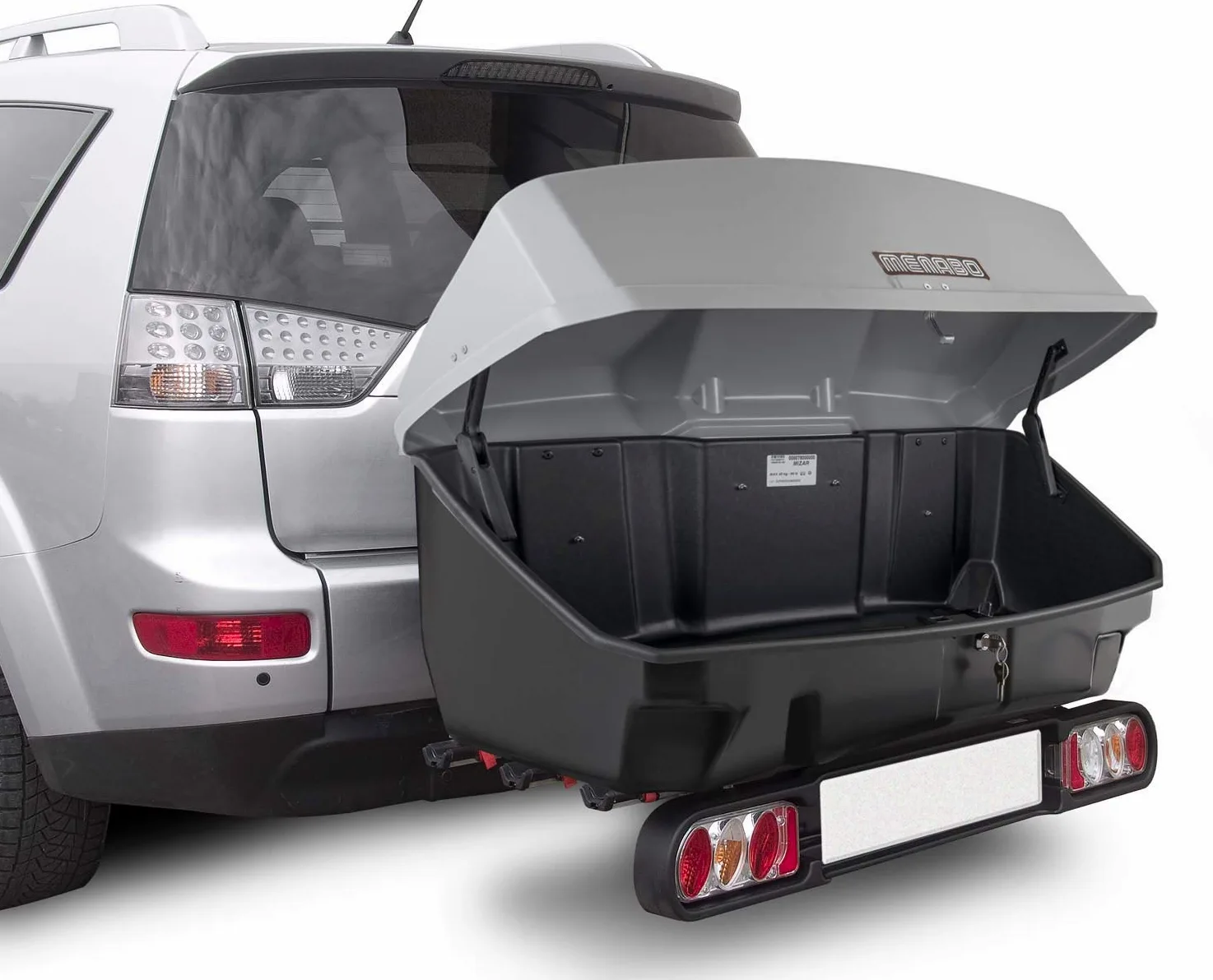 Ménabo Nekkar - Caja de transporte para portabicicletas (300 L, Gris, Dura, Montaje en portaequipajes, Se puede cerrar)