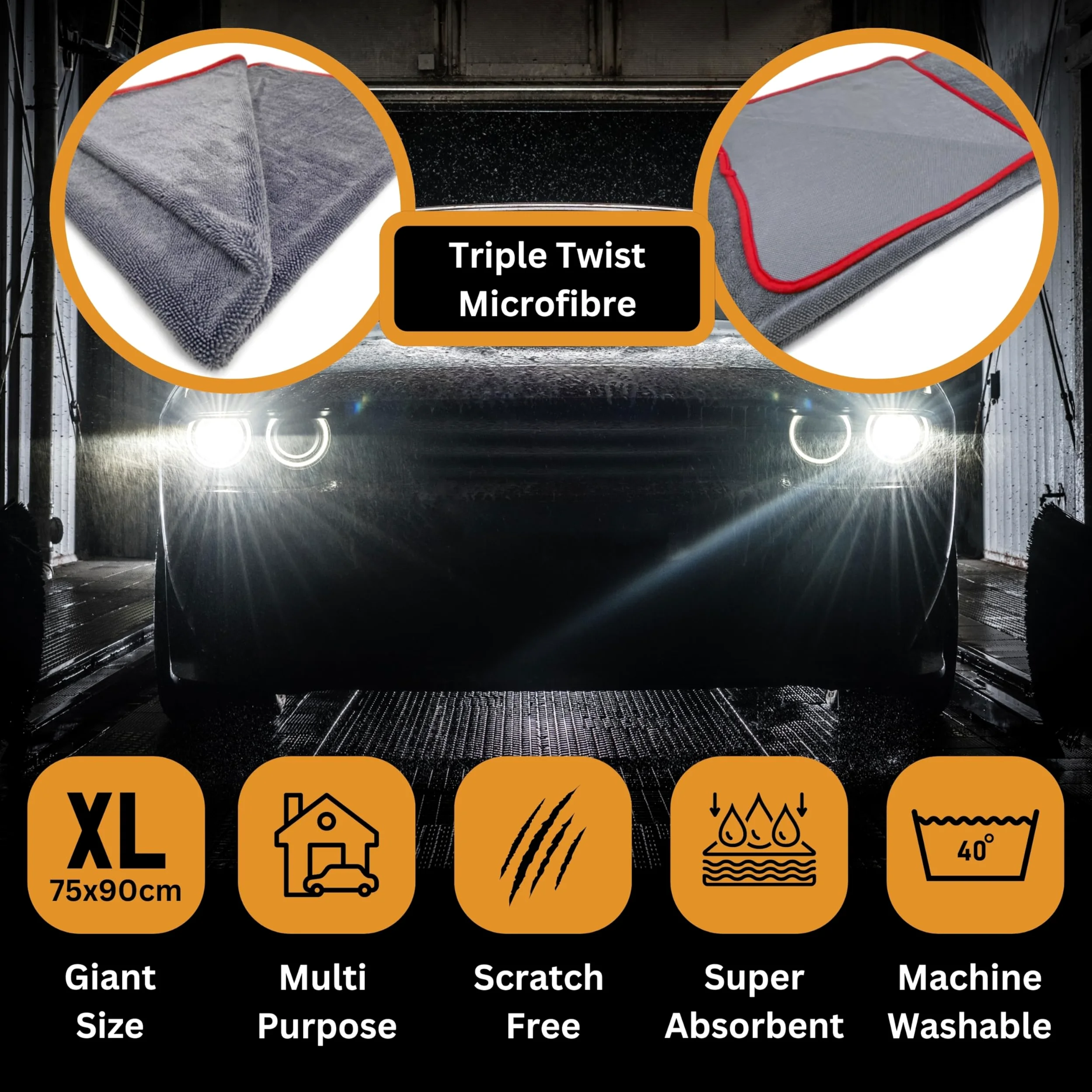 Tek Automotive Paquete de 2 toallas de secado de microfibra de triple torsión, ultra absorbentes, sin arañazos, extra grandes, 90 x 75 cm, toalla de secado de coche para limpieza, detalles y pulido