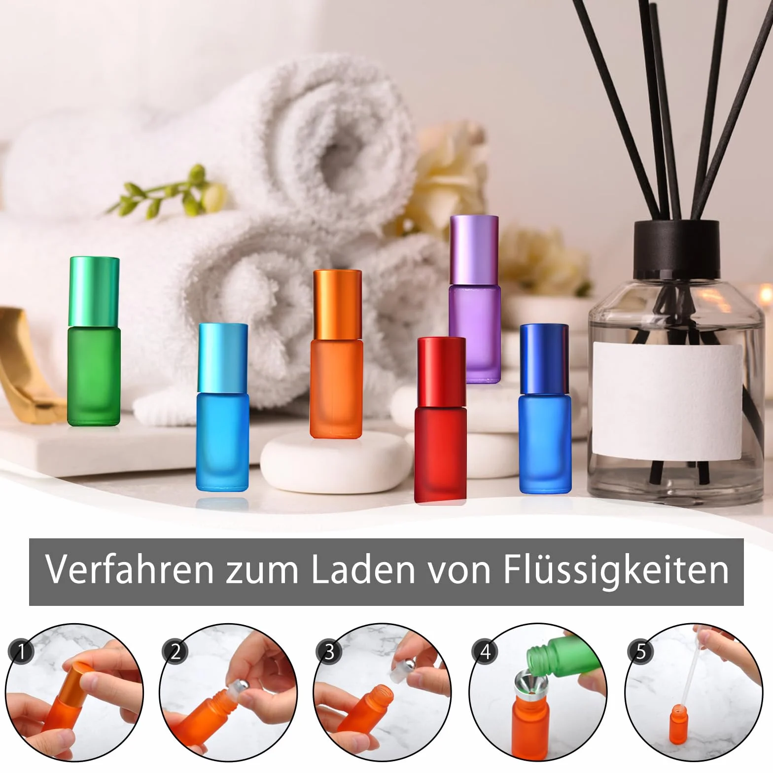 Botellas de cristal para aceite esencial 5 ml con rodillo de acero inoxidable, jeringas y embudo
