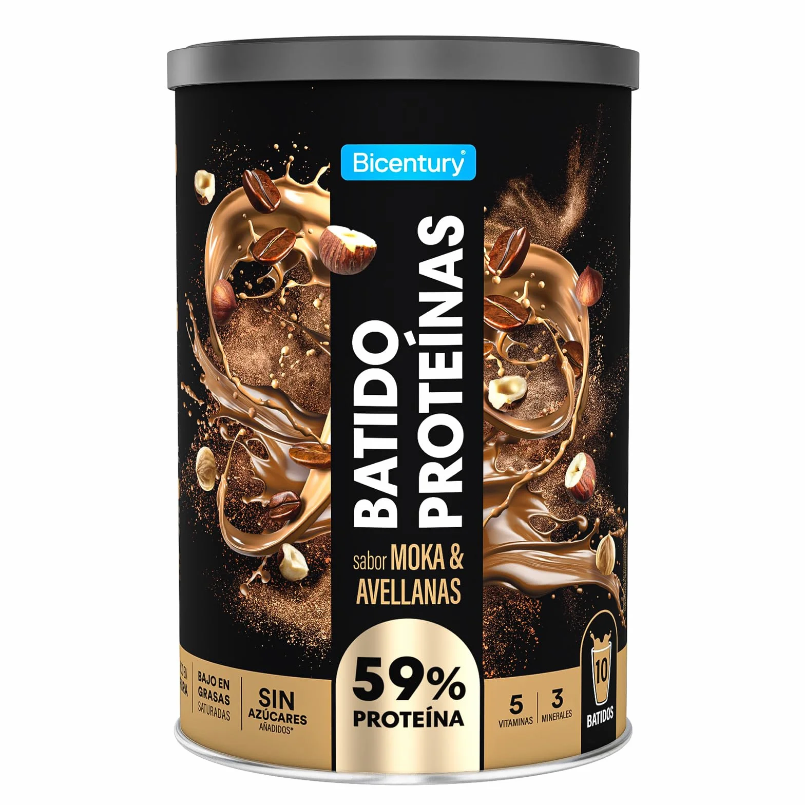 Bicentury Proteína en polvo Moka & Avellana, 20g proteína por porción, Sin Azúcares Añadidos, 340g