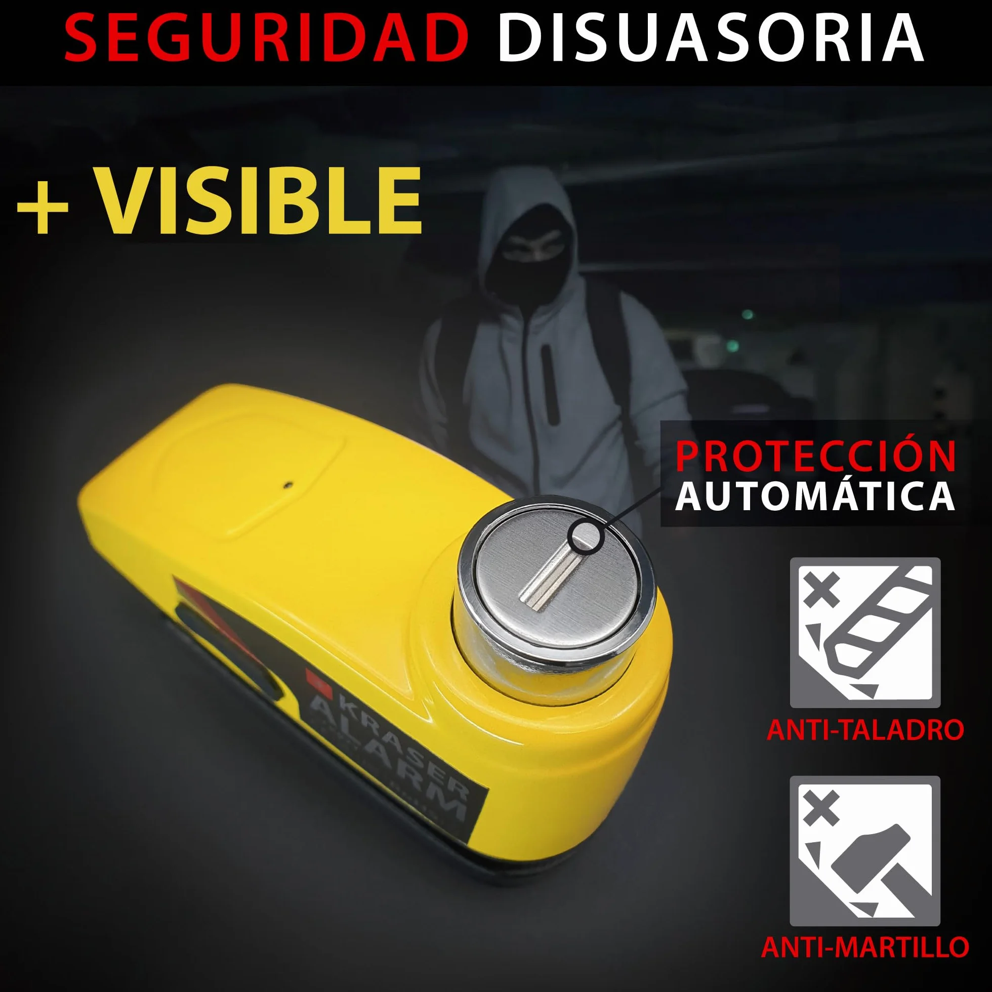 KRASER KR7Y Candado Disco Moto con Alarma 110dB Batería Recargable USB, Sensor de Movimiento, Impermeable Resistente Visible, Antirrobo Cepo Pinza Freno Bloqueo 7mm Universal, Amarillo