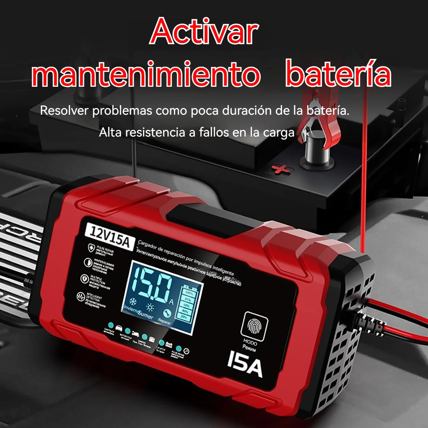 Cargador Baterias Coche 15A - Inteligente Cargador Bateria Moto 12V 15A, Compensación de Temperatura, Apto para Baterías de Plomo-ácido y de Fosfato de Hierro y Litio, Barcos y Motocicletas