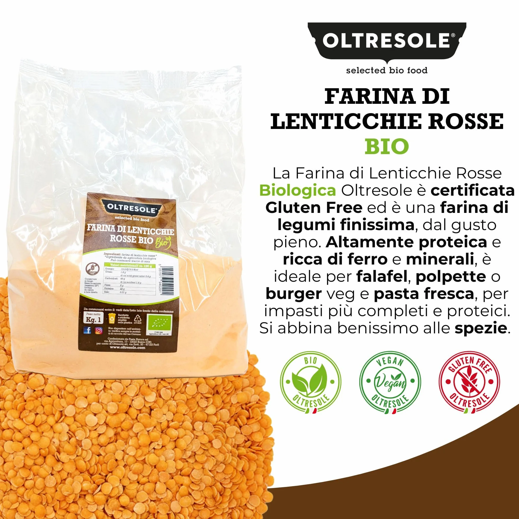Oltresole Farina Italiana di Lenticchie Rosse Biologica 1 kg, Senza Glutine, Ricca di Proteine