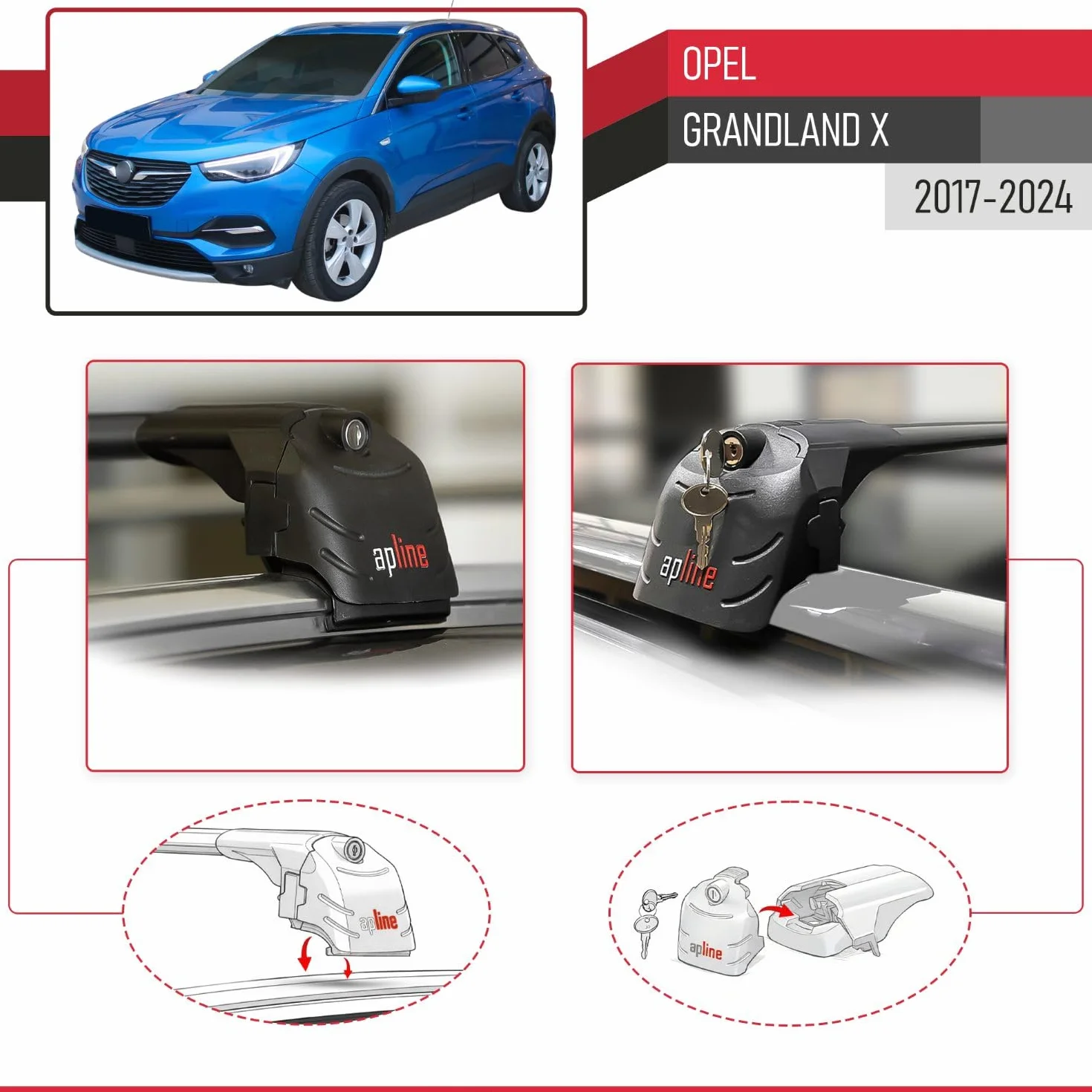 Compatible con Opel Grandland X 2017-2024 Modelo Ace-2 Barra de Techo Auto Portaequipajes Barras Transversales Negro Aluminio 2 Barras