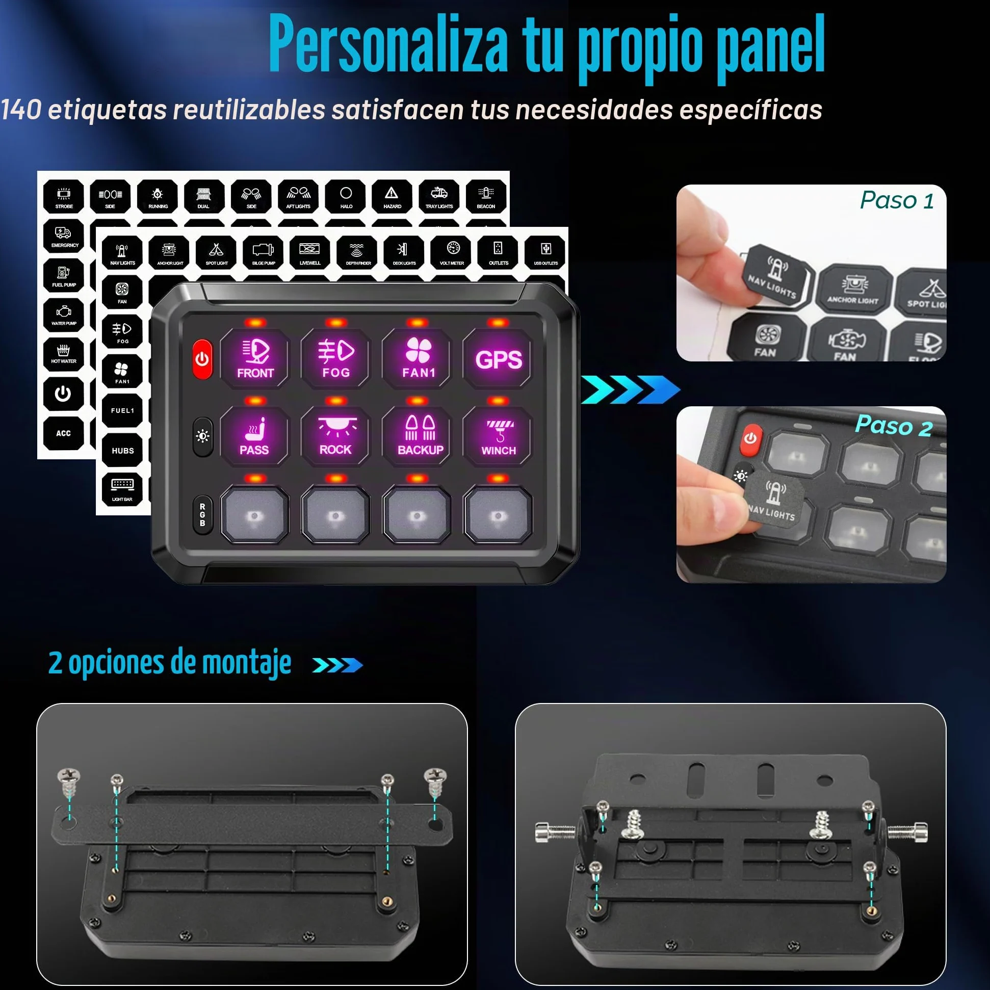 Panel de interruptor RGB de 12 velocidades, regulable automáticamente, panel de interruptores multifunción con memoria de impulso de inclinación instantánea, panel de aluminio para camiones