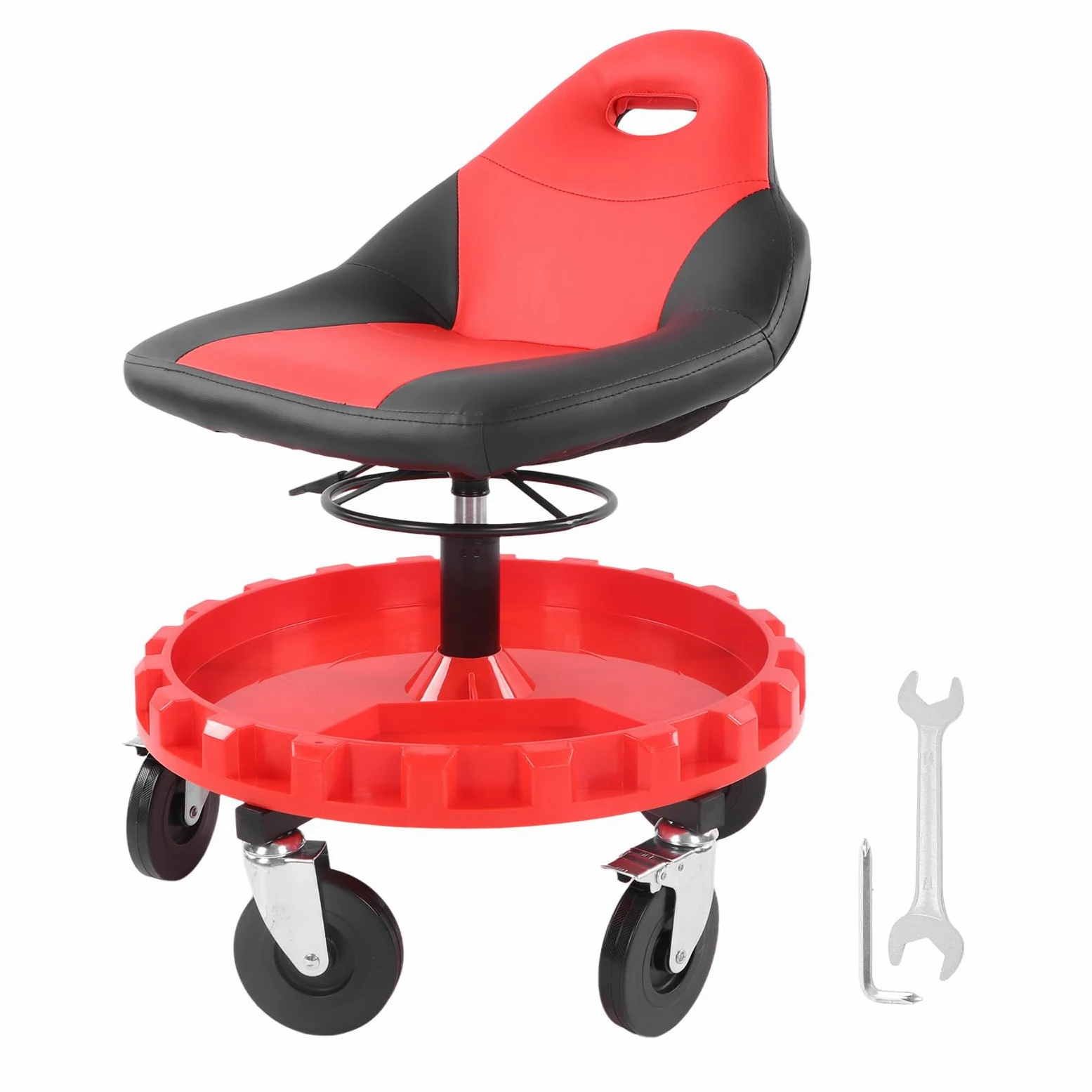 Cocoarm Asiento Móvil para Taller con Ruedas, Altura Ajustable 53-66 cm, Bandeja de Almacenamiento, Capacidad 136 kg, Rojo y Negro