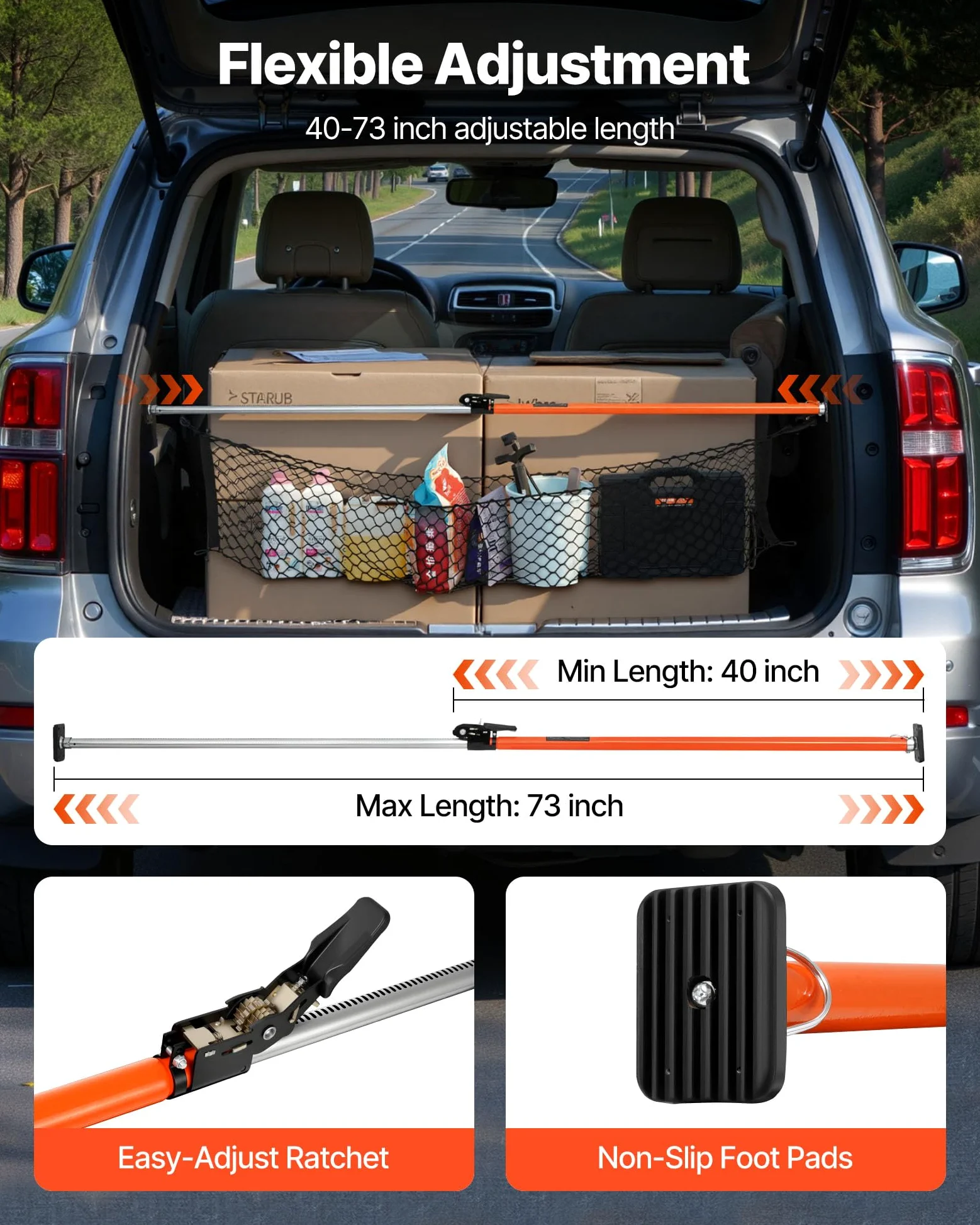 VEVOR Barra de Carga con Telescopio de Trinquete, Longitud Ajustable 1016-1854 mm, Estabilizador de Carga de Acero con Almohadillas Antideslizantes y Malla, para Camionetas y Minivans, Naranja