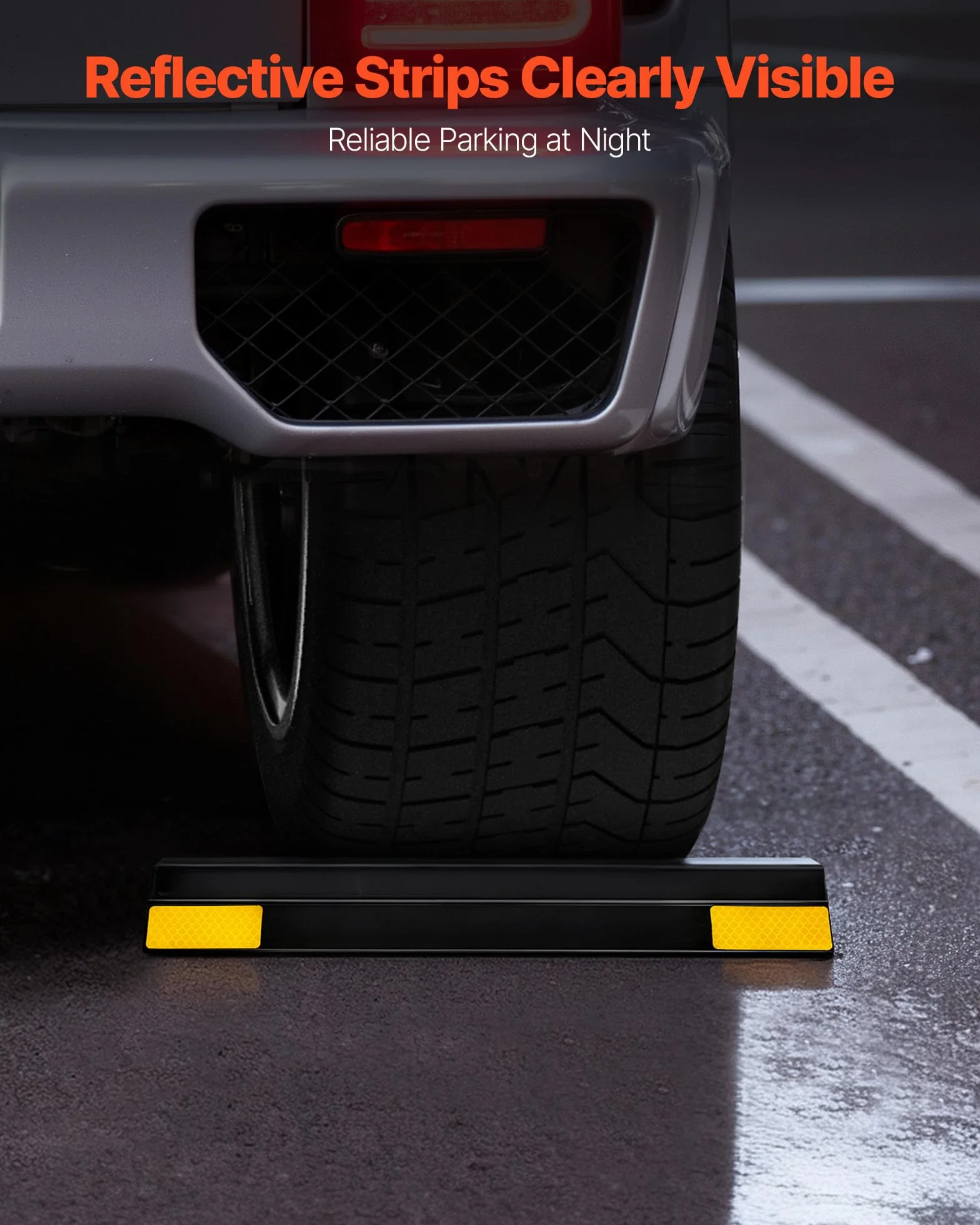 VEVOR Topes de Estacionamiento, 2 uds, Ayuda para Aparcar en Garajes, Limitador de Plaza de Aparcamiento con Bandas Reflectantes, PP, para Coches, Furgonetas y Camiones, 406 x 95 x 45 mm, Negro