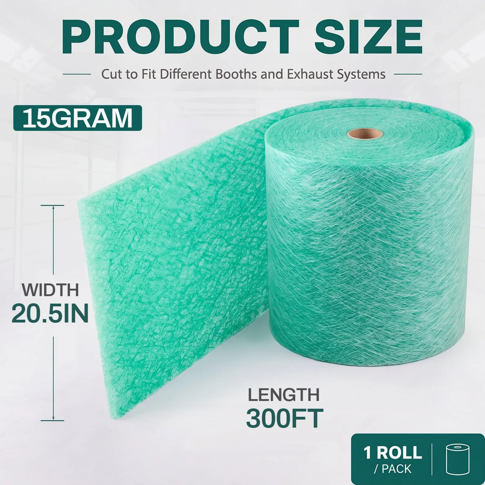 Lewtemi Rollo de filtro de escape de cabina de pintura, 20.5 pulgadas x 300 pies, 15 gramos de medios de fibra de vidrio verde para sobrepulverización de cabina de pulverización, sistemas de corriente