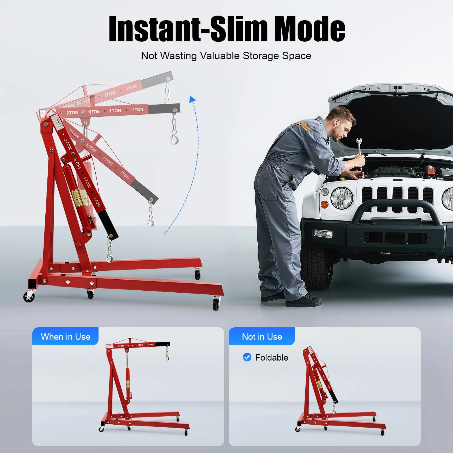 Grúa de motor plegable, 2T 2000 kg, elevador de motor, altura 2,1 m, grúa de taller con cilindro hidráulico 8T, 4 posiciones, 6 ruedas, acero al carbono, distancia del gancho al suelo de 148 cm, para